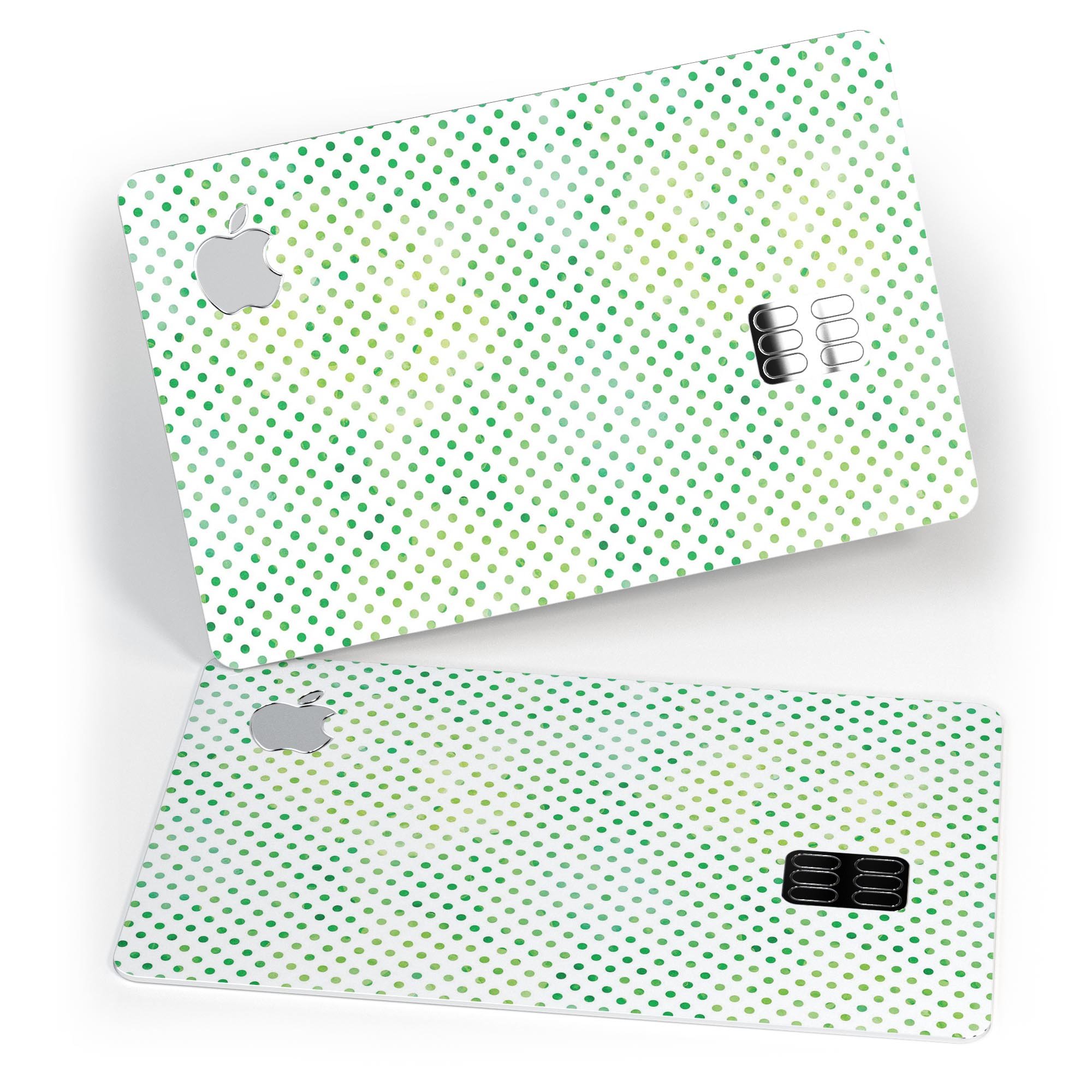 Tiny Green Watercolor Polka Dots decal skin for Apple Card, showcasing vibrant colors and a protective design.