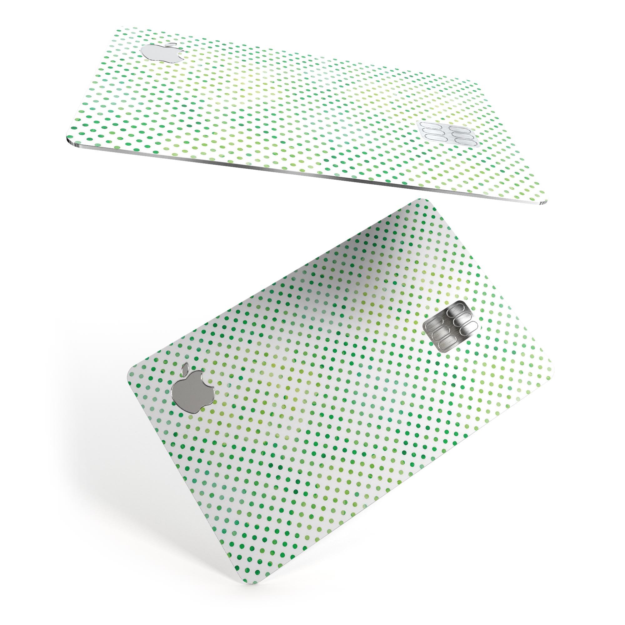 Tiny Green Watercolor Polka Dots decal skin for Apple Card, showcasing vibrant colors and a protective design.