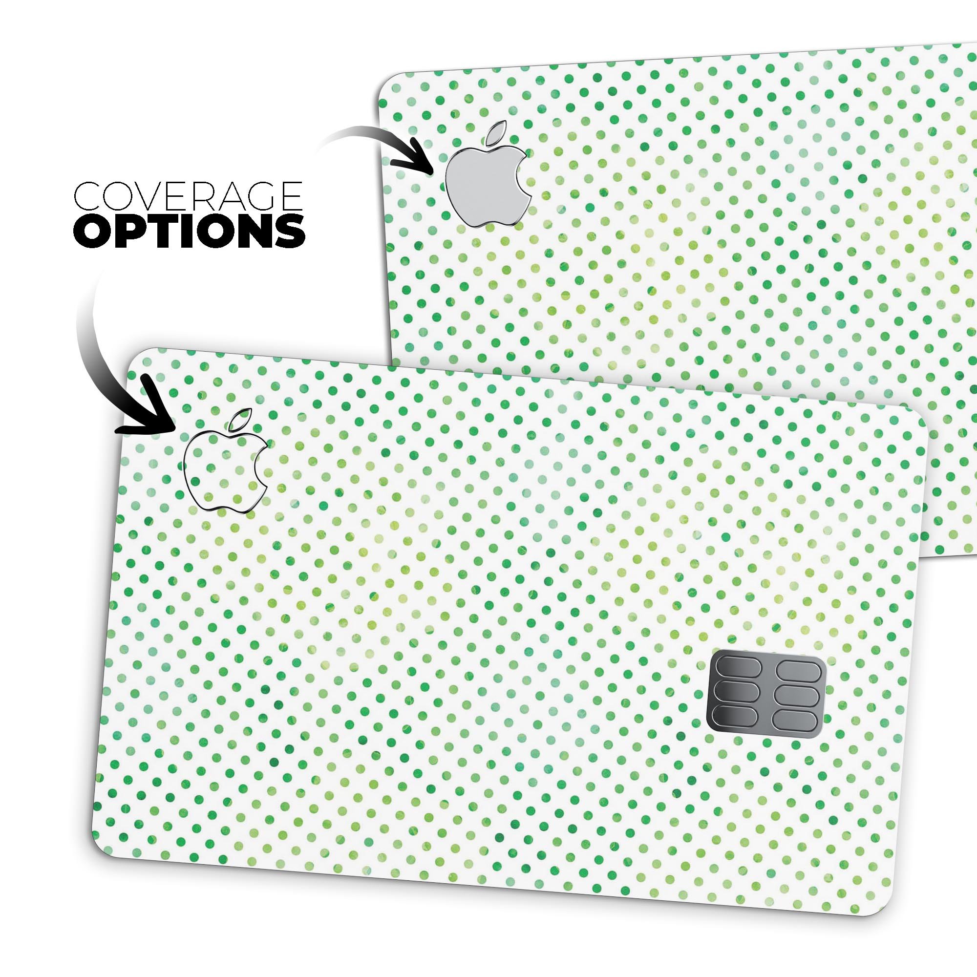 Tiny Green Watercolor Polka Dots decal skin for Apple Card, showcasing vibrant colors and a protective design.