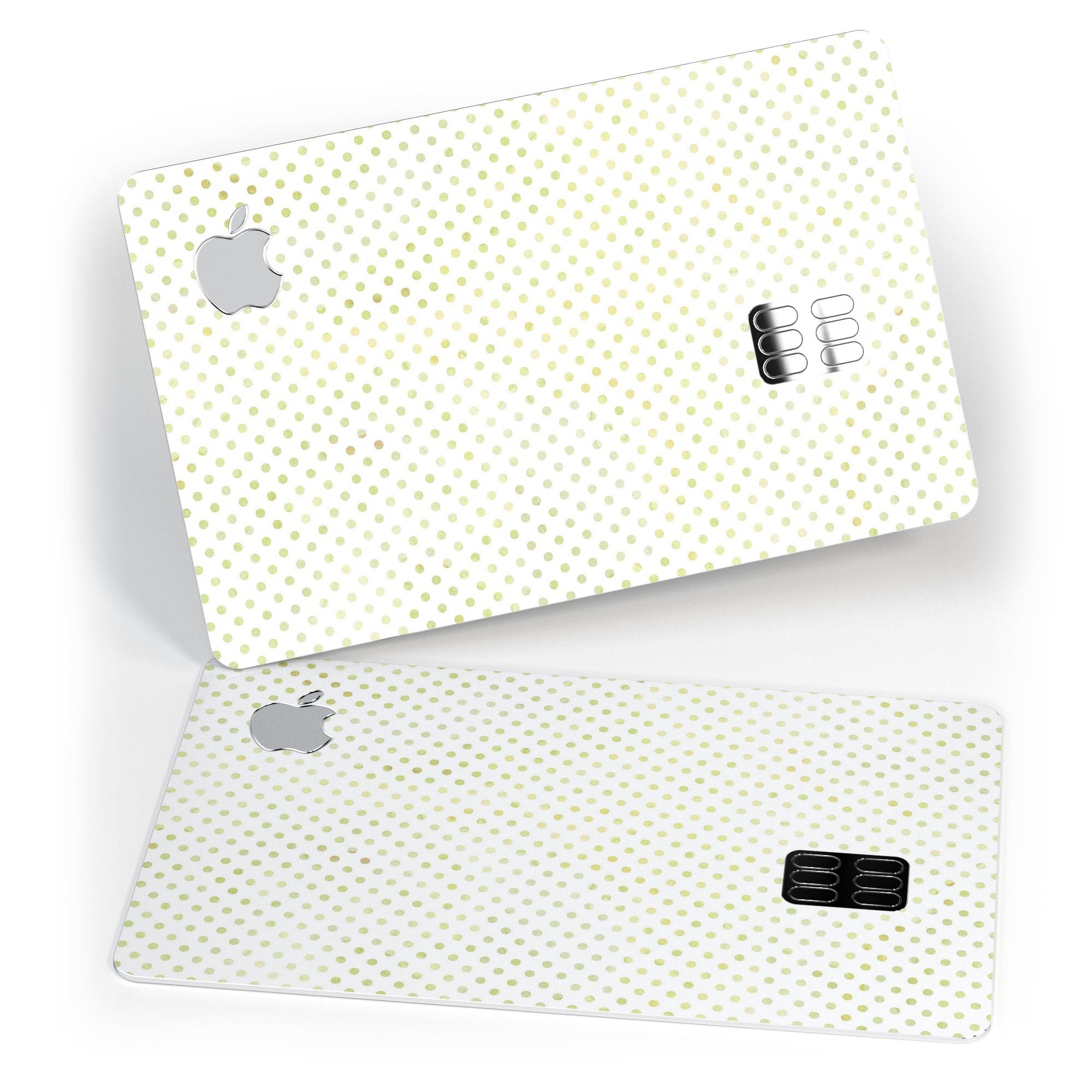 Tiny yellow-green watercolor polka dots protective decal for Apple Card, showcasing vibrant colors and a stylish design.