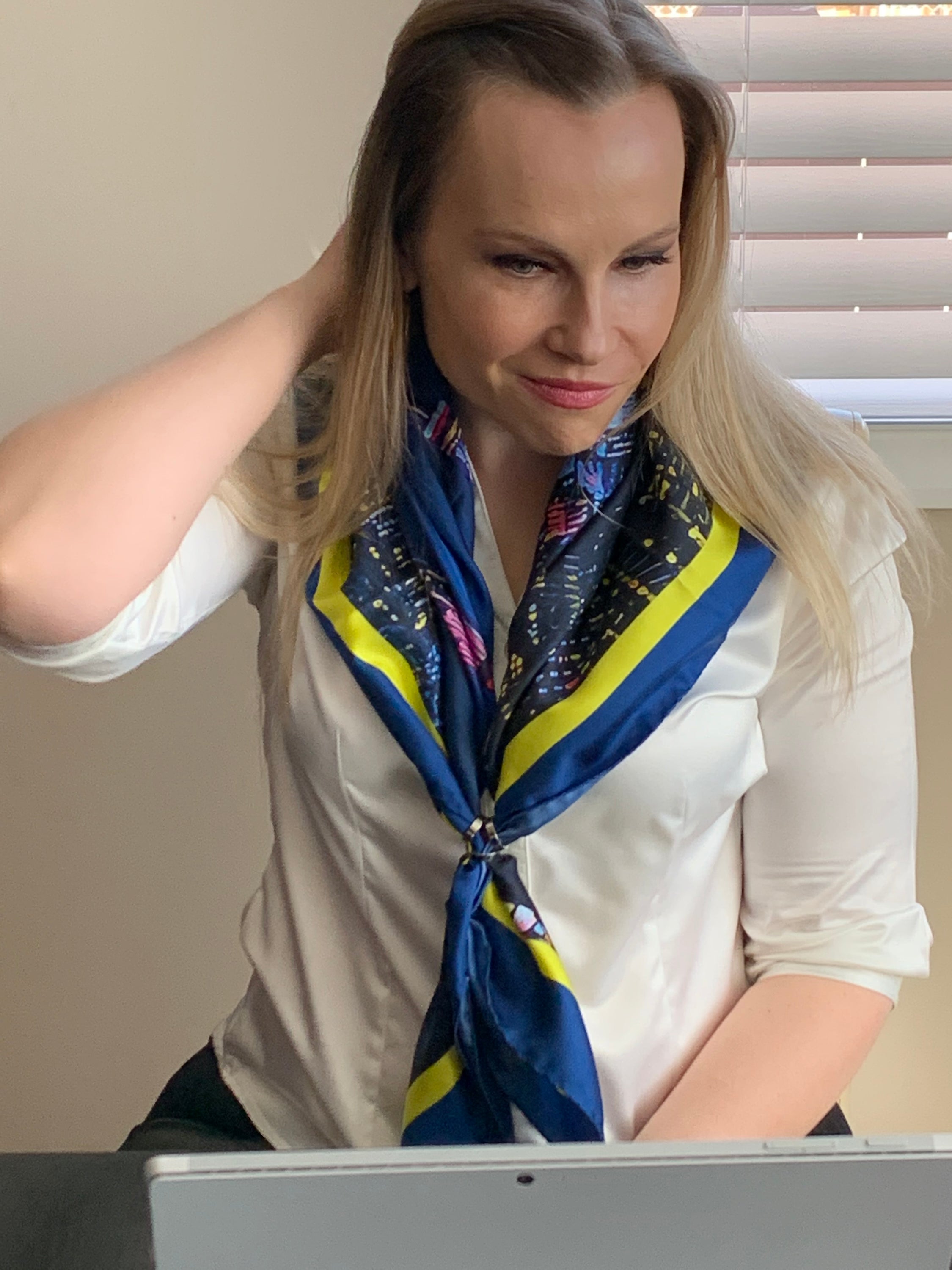 Toronto Skyline Ladies Scarf featuring deep midnight blue and glowing city lights design, made from 100% Italian silk.