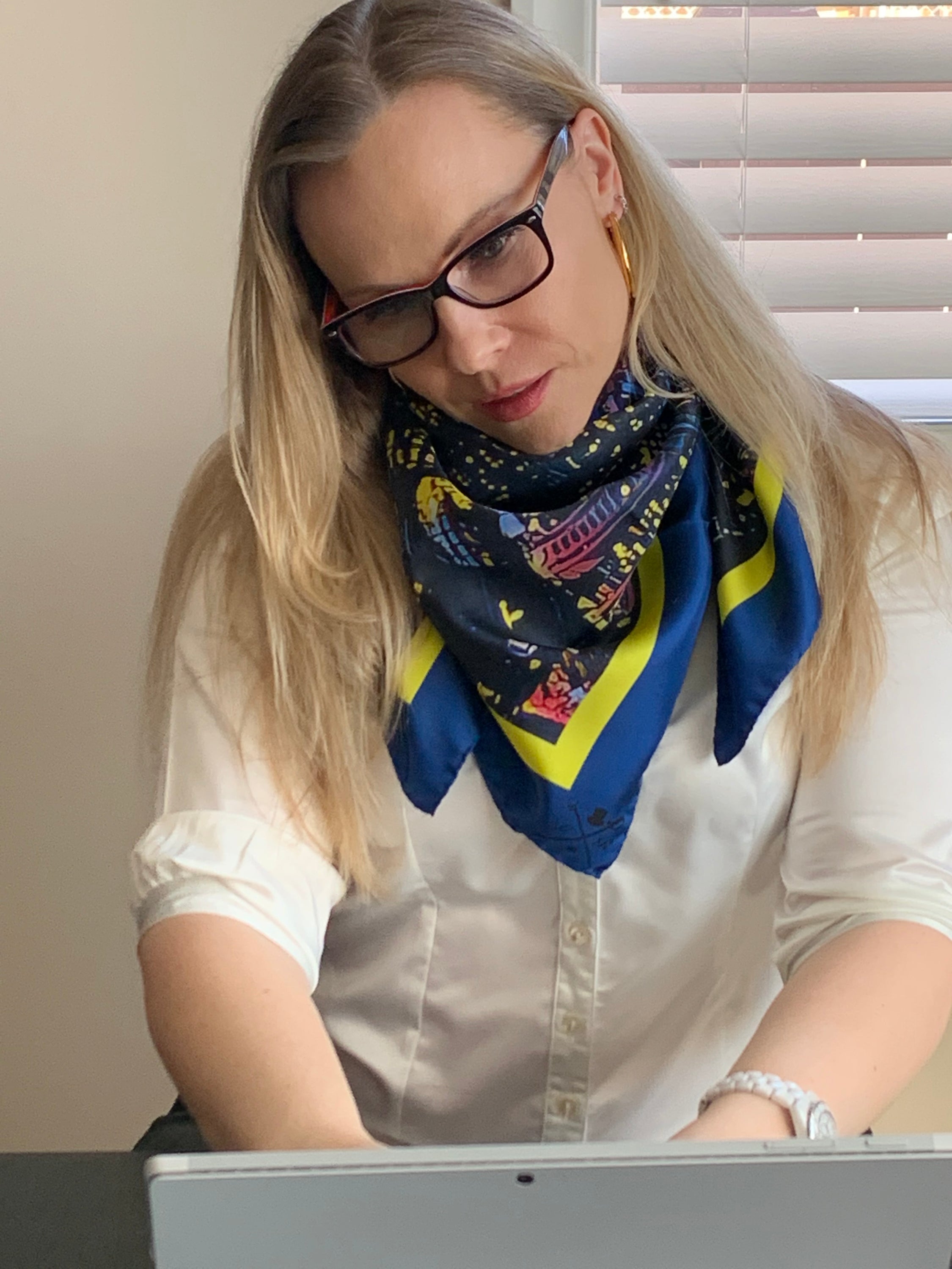 Toronto Skyline Ladies Scarf featuring deep midnight blue and glowing city lights design, made from 100% Italian silk.