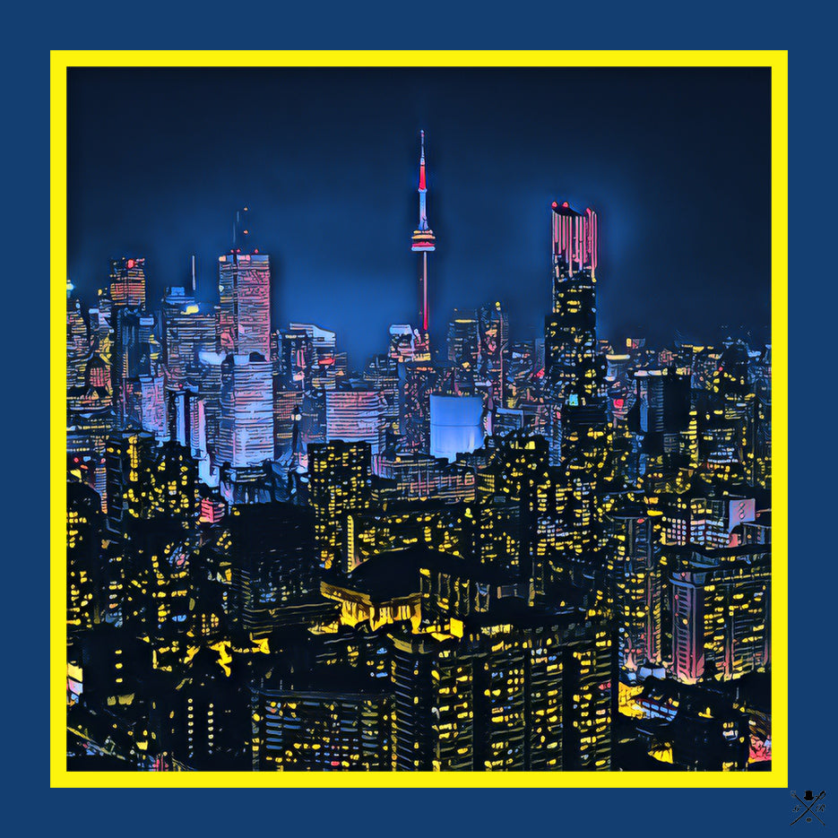 Toronto Skyline Ladies Scarf featuring deep midnight blue and glowing city lights design, made from 100% Italian silk.