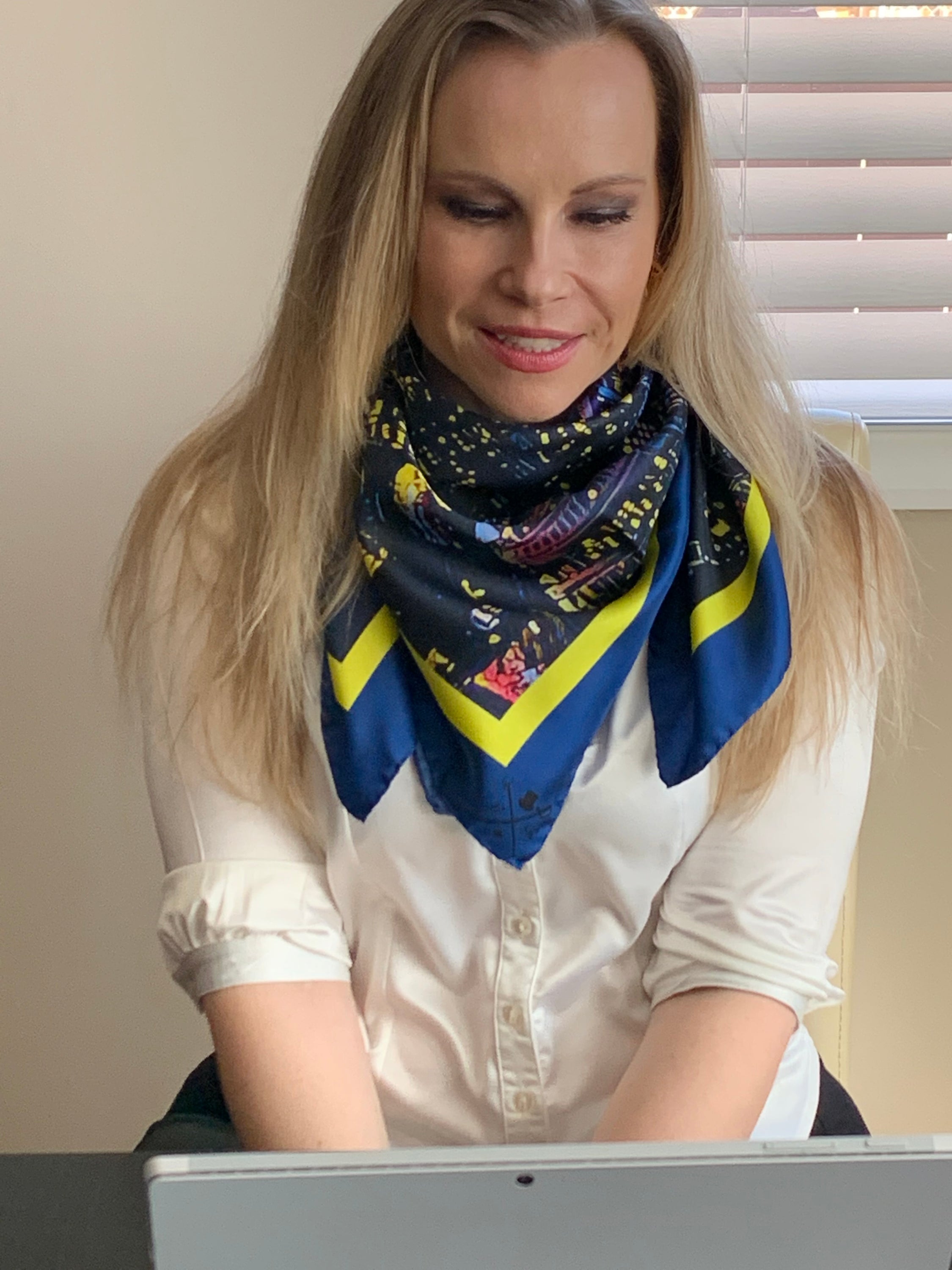 Toronto Skyline Ladies Scarf featuring deep midnight blue and glowing city lights design, made from 100% Italian silk.