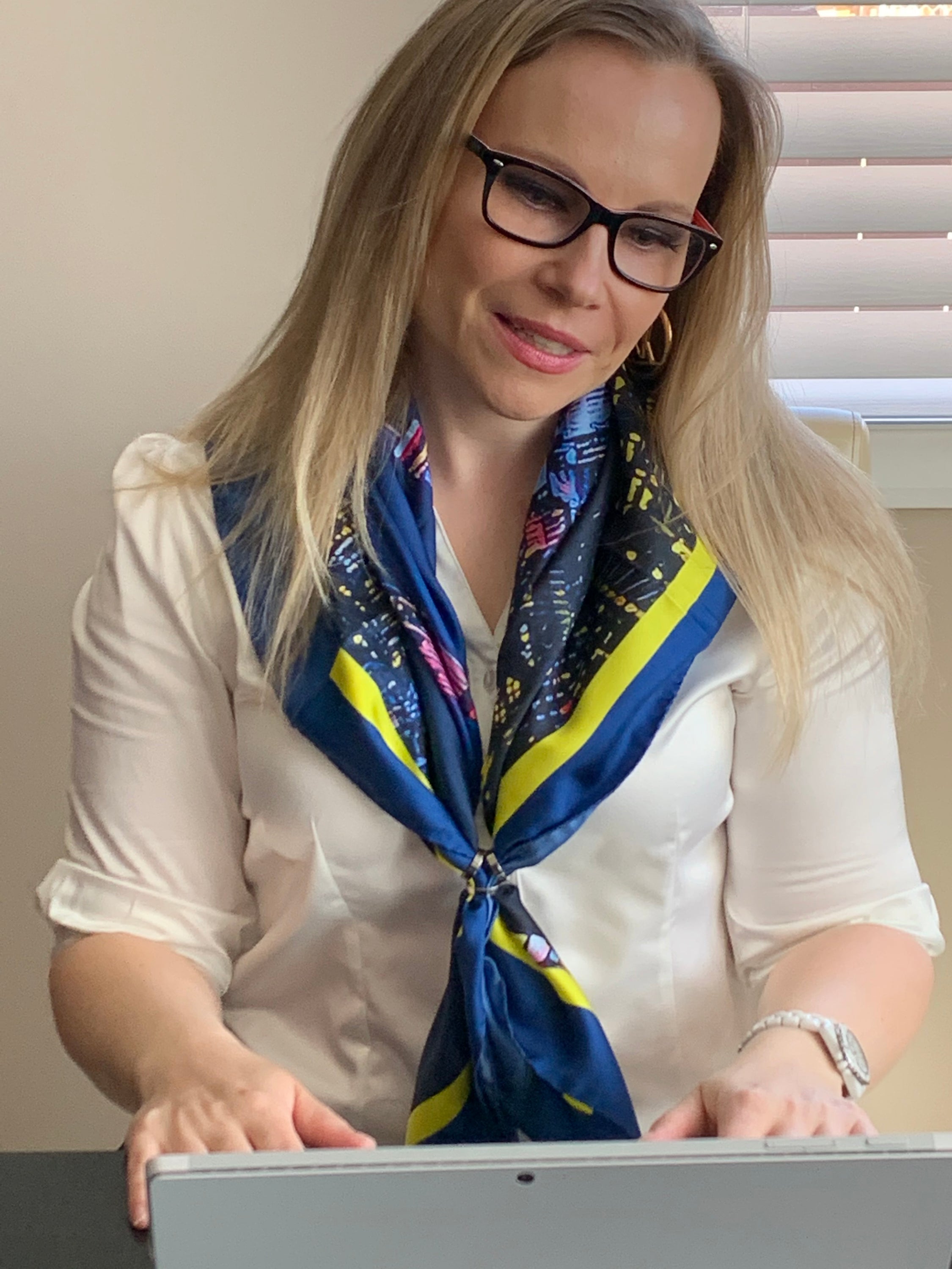 Toronto Skyline Ladies Scarf featuring deep midnight blue and glowing city lights design, made from 100% Italian silk.