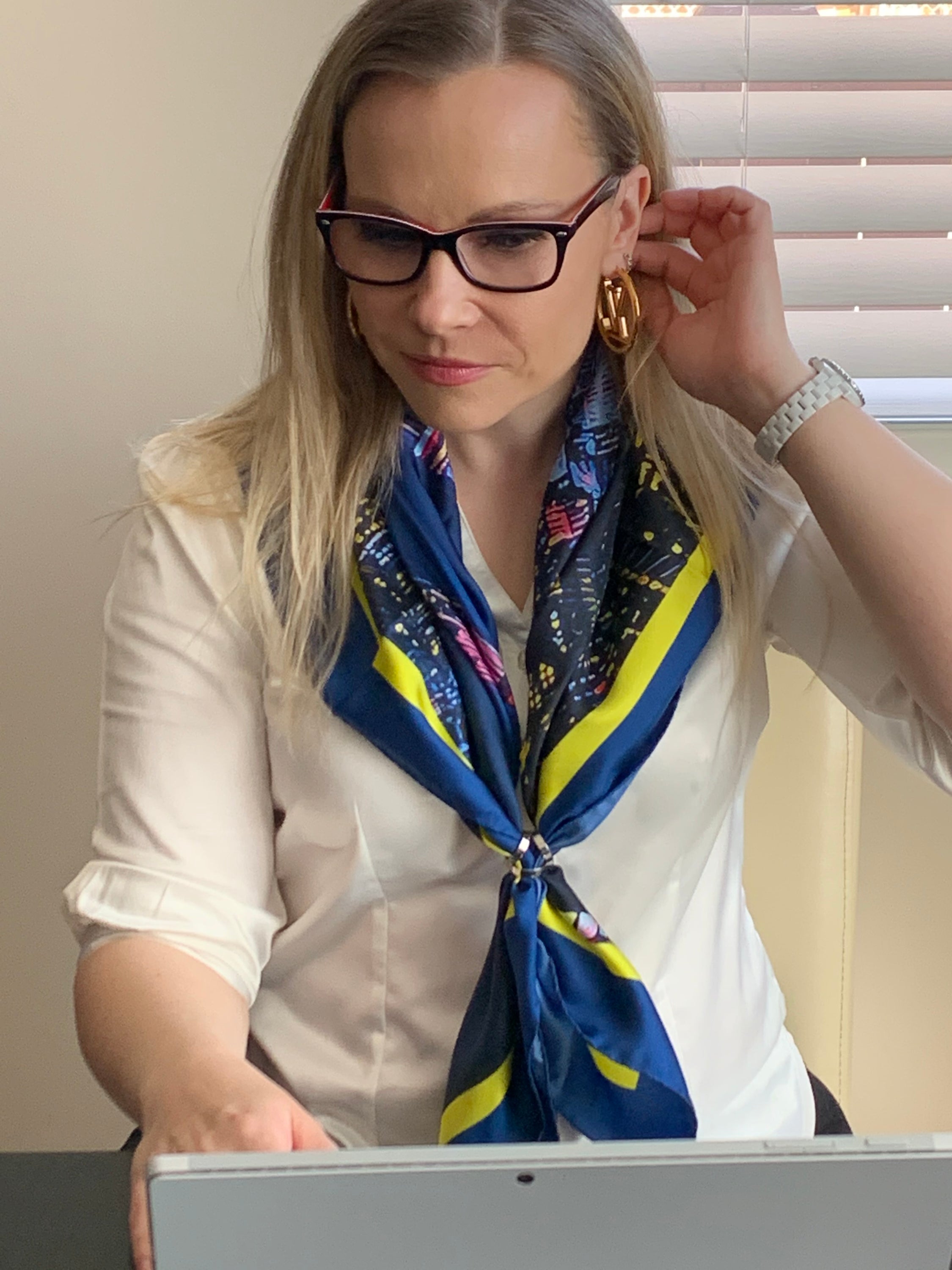 Toronto Skyline Ladies Scarf featuring deep midnight blue and glowing city lights design, made from 100% Italian silk.