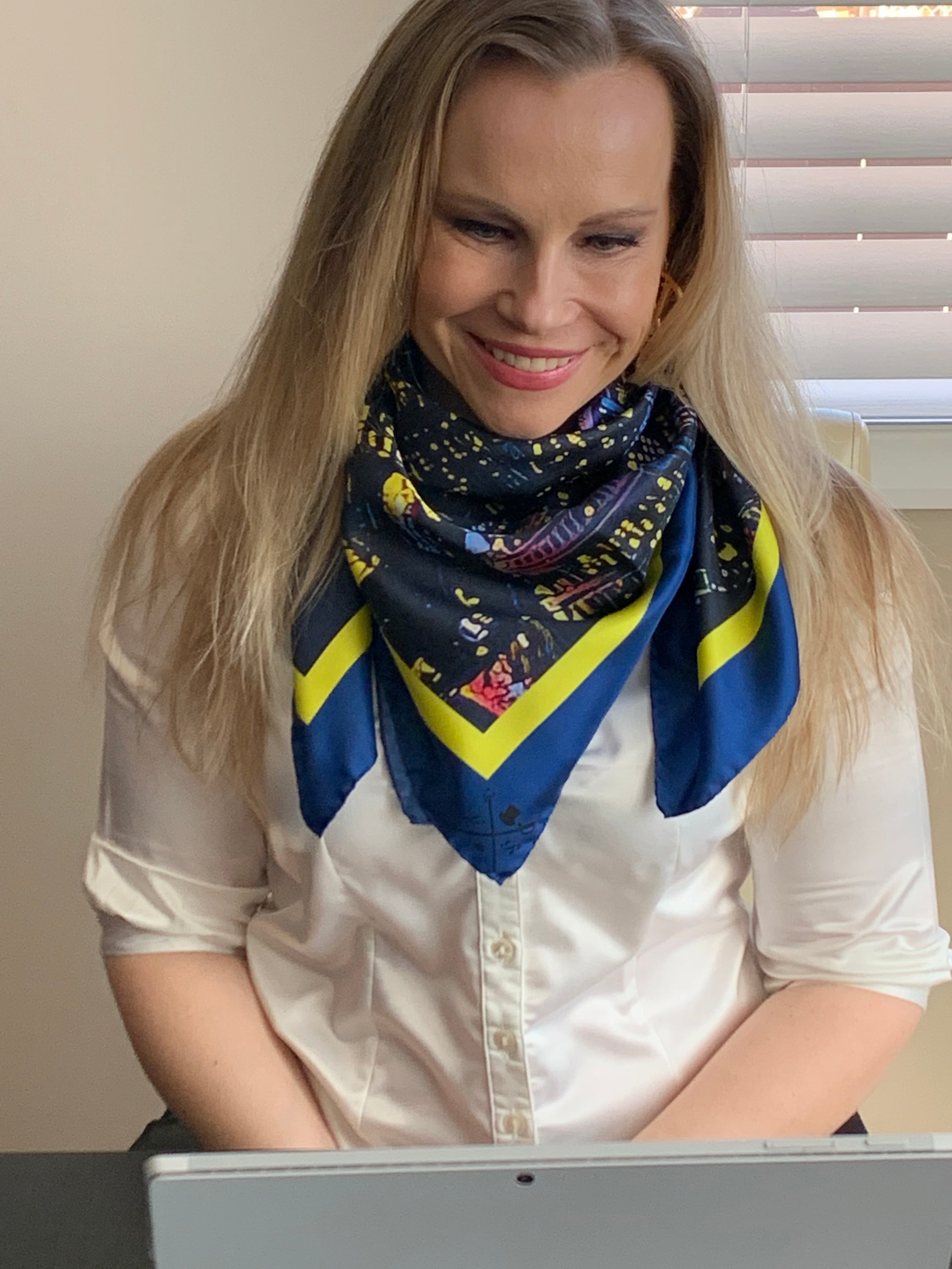 Toronto Skyline Ladies Scarf featuring deep midnight blue and glowing city lights design, made from 100% Italian silk.