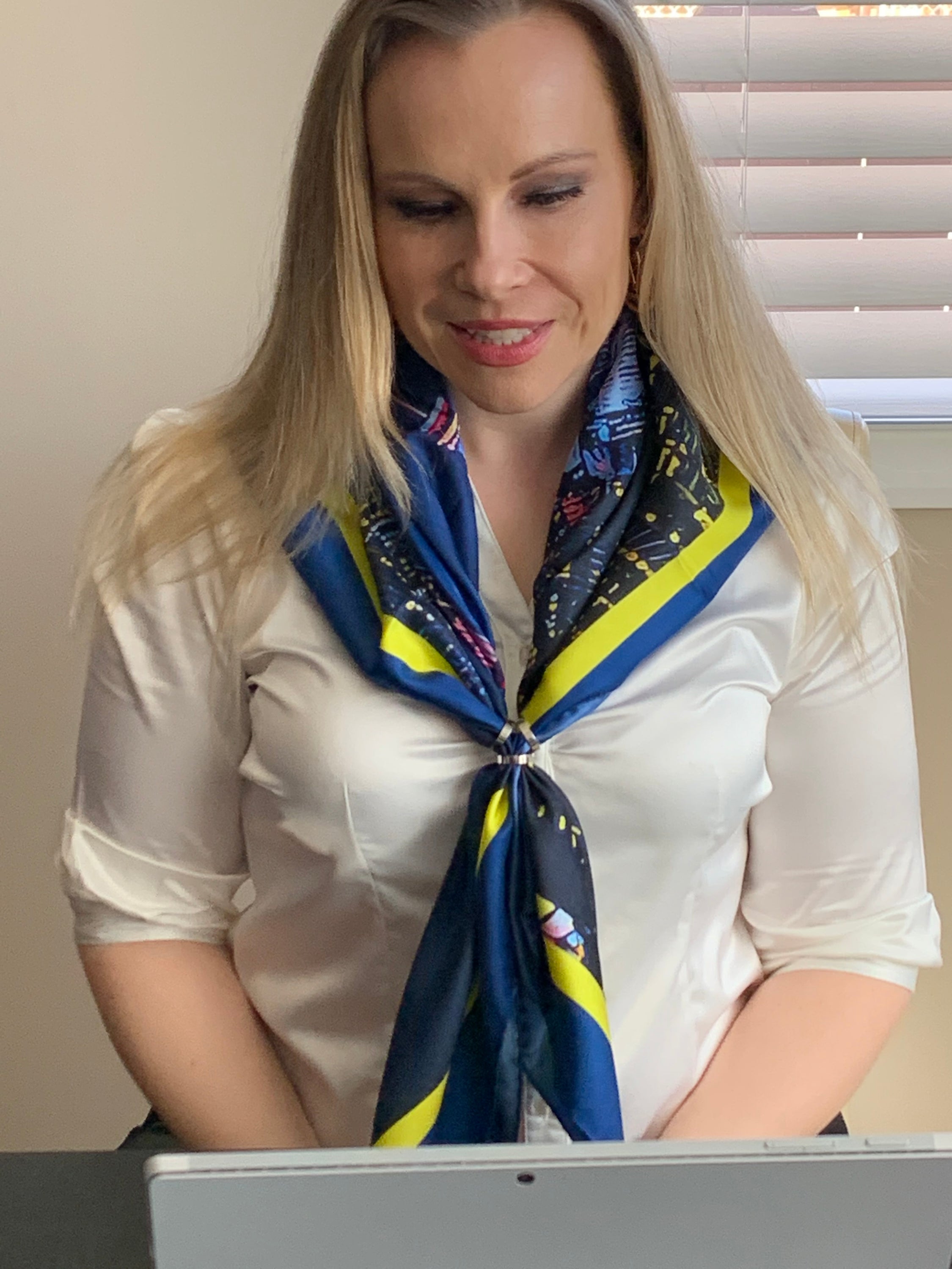 Toronto Skyline Ladies Scarf featuring deep midnight blue and glowing city lights design, made from 100% Italian silk.