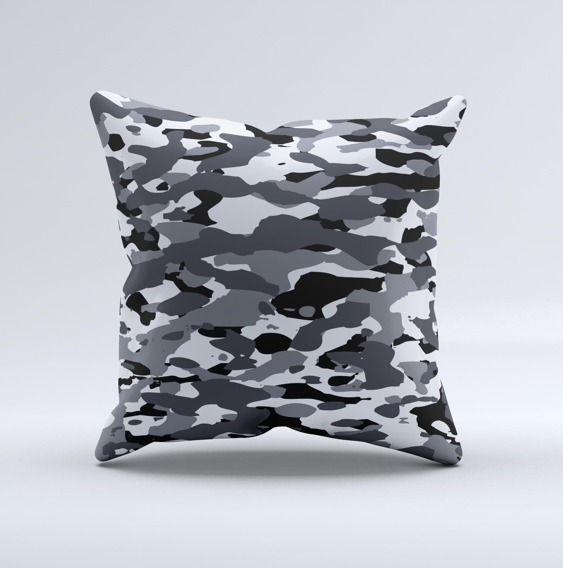 Traditional Black & White Camo Ink-Fuzed Decorative Throw Pillow, handcrafted with high thread count fabric and unique design.