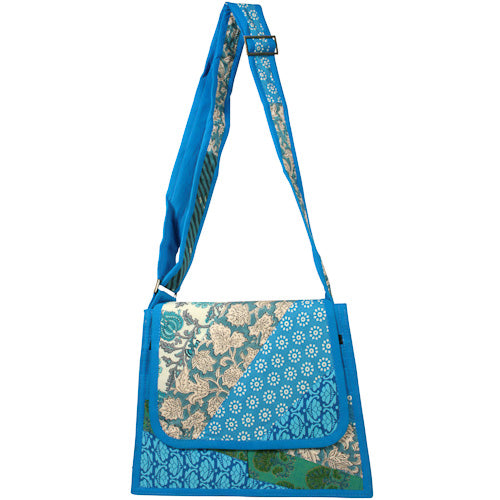 Trapezoid Patchwork Shoulder Bag with adjustable strap and multiple pockets, handmade by youth artisans in India.