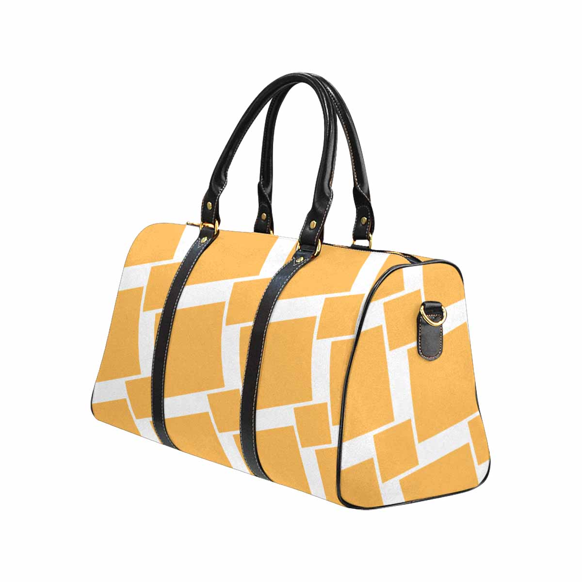 Golden yellow travel bag with adjustable shoulder strap, made from waterproof fabric, featuring a spacious main compartment and inner zipper pocket.