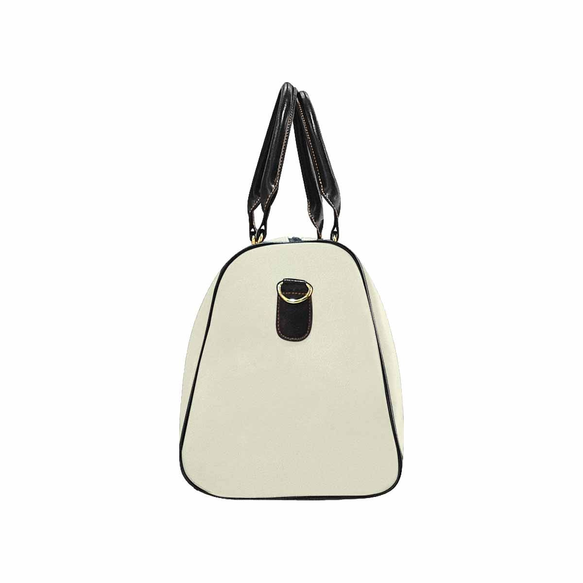 Beige leather carry on large luggage bag with spacious compartments and stylish design, perfect for travel.