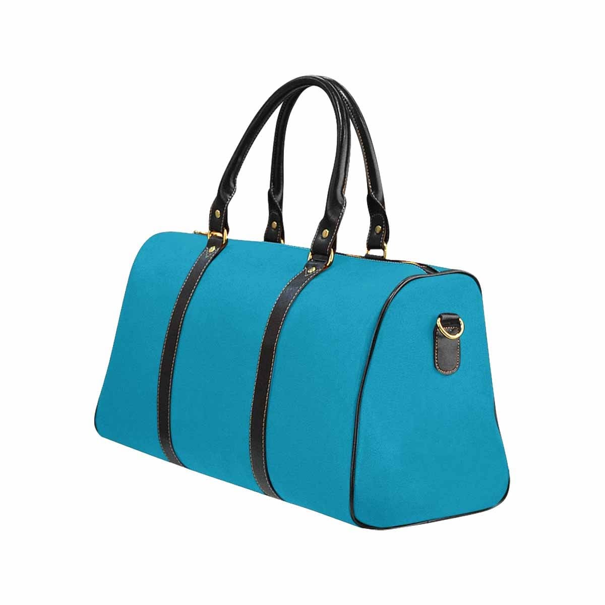Large blue-green leather travel bag with waterproof fabric and spacious compartments, ideal for carry-on luggage.