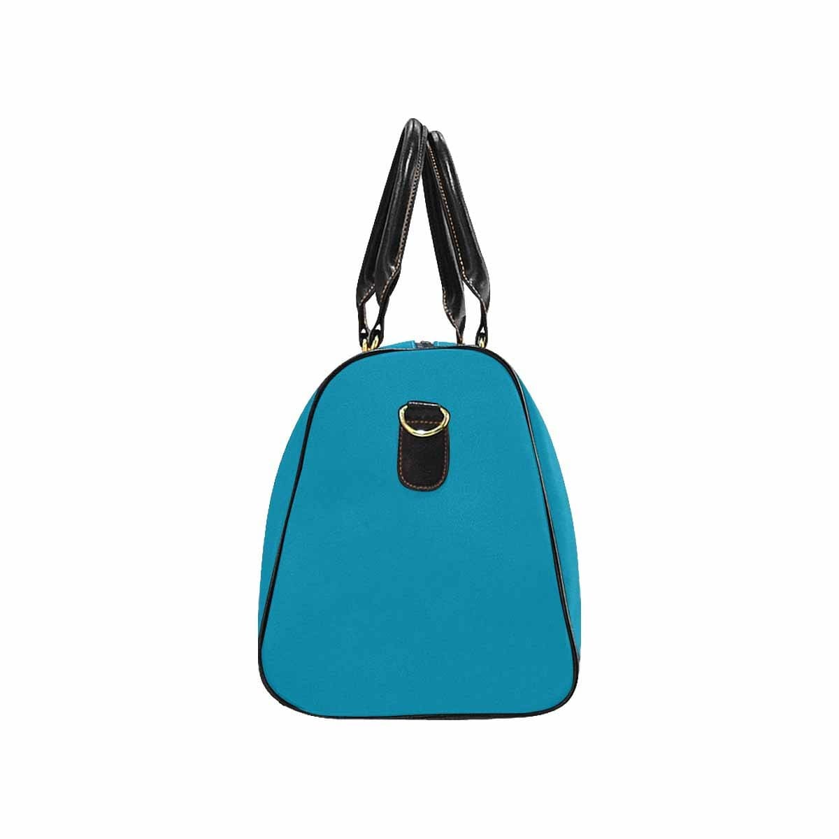 Large blue-green leather travel bag with waterproof fabric and spacious compartments, ideal for carry-on luggage.