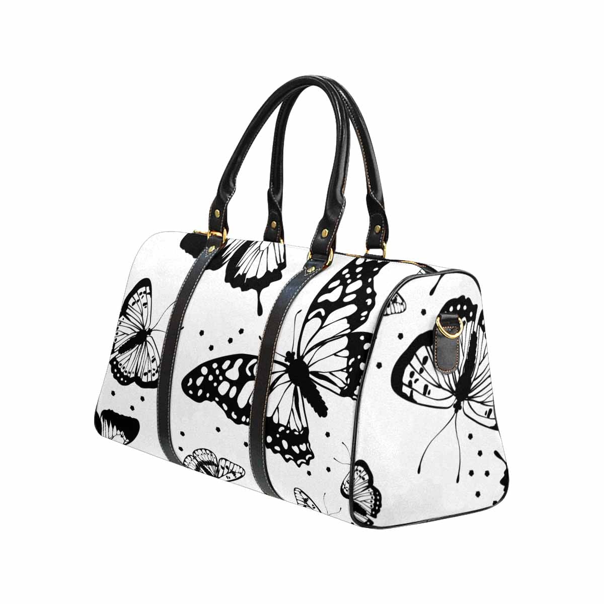 Stylish travel bag with white and black butterfly print, featuring a spacious design and durable waterproof fabric.