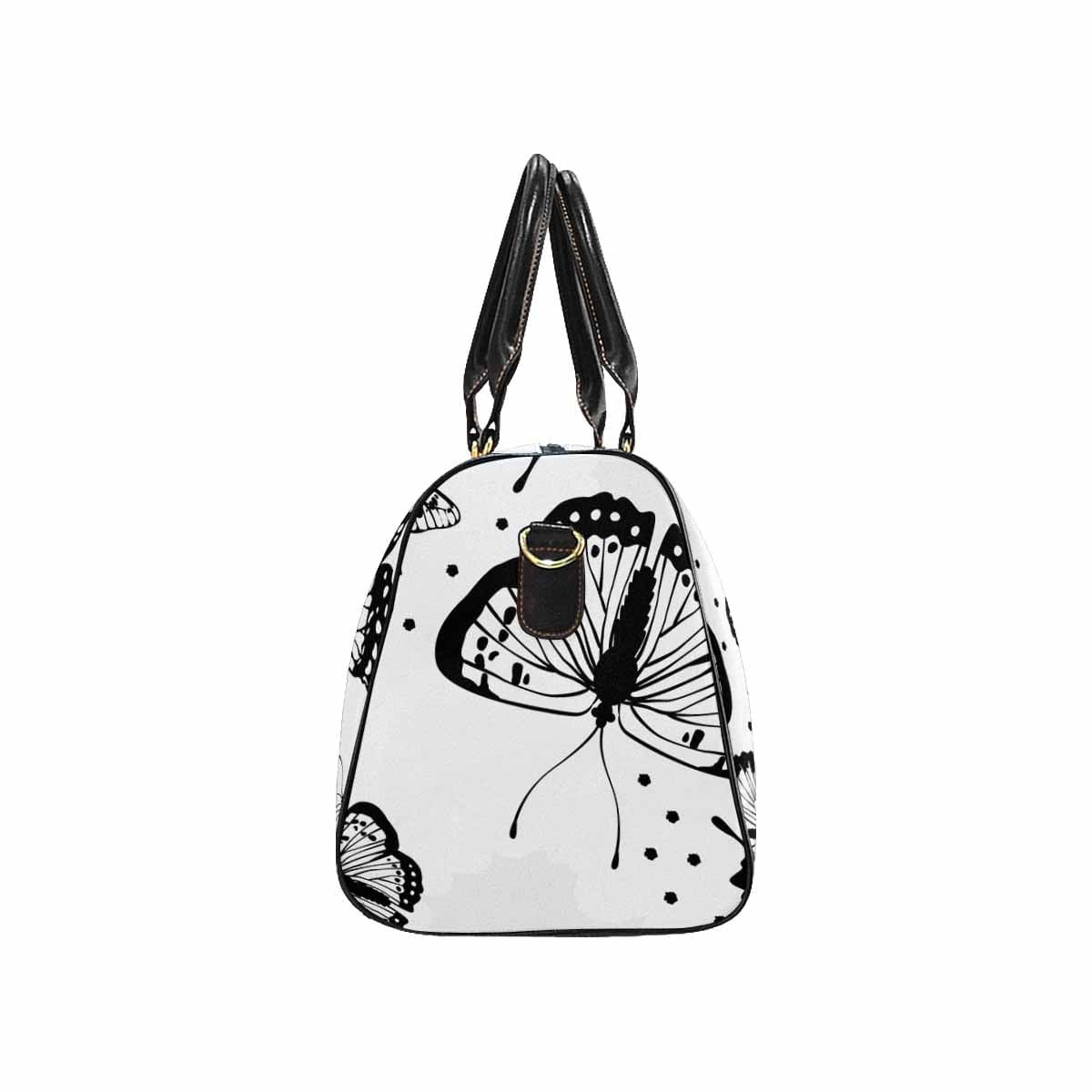 Stylish travel bag with white and black butterfly print, featuring a spacious design and durable waterproof fabric.