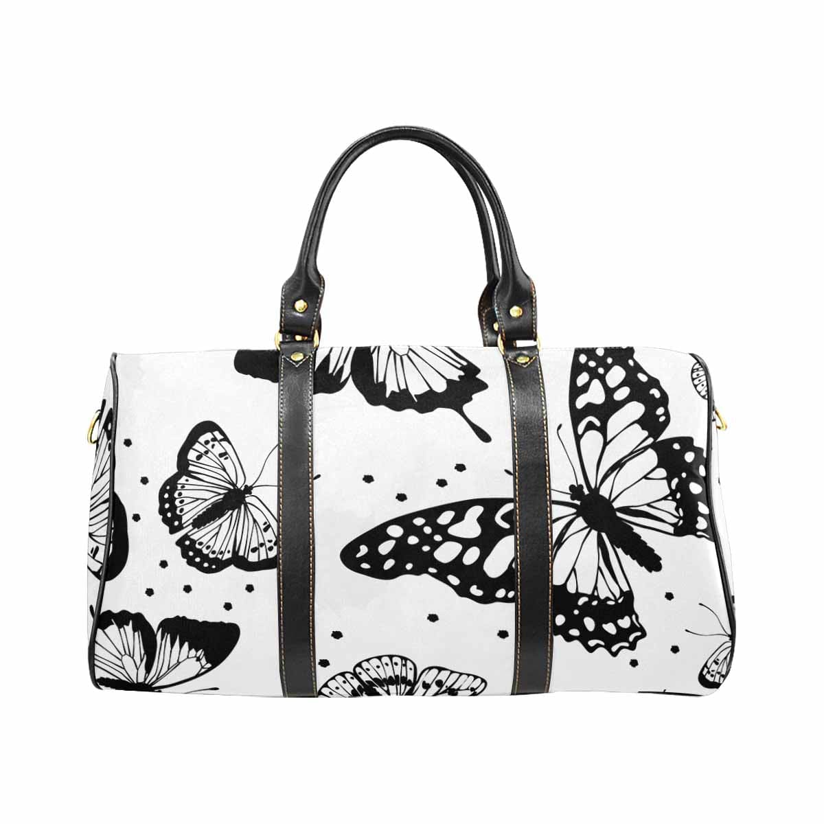 Stylish travel bag with white and black butterfly print, featuring a spacious design and durable waterproof fabric.
