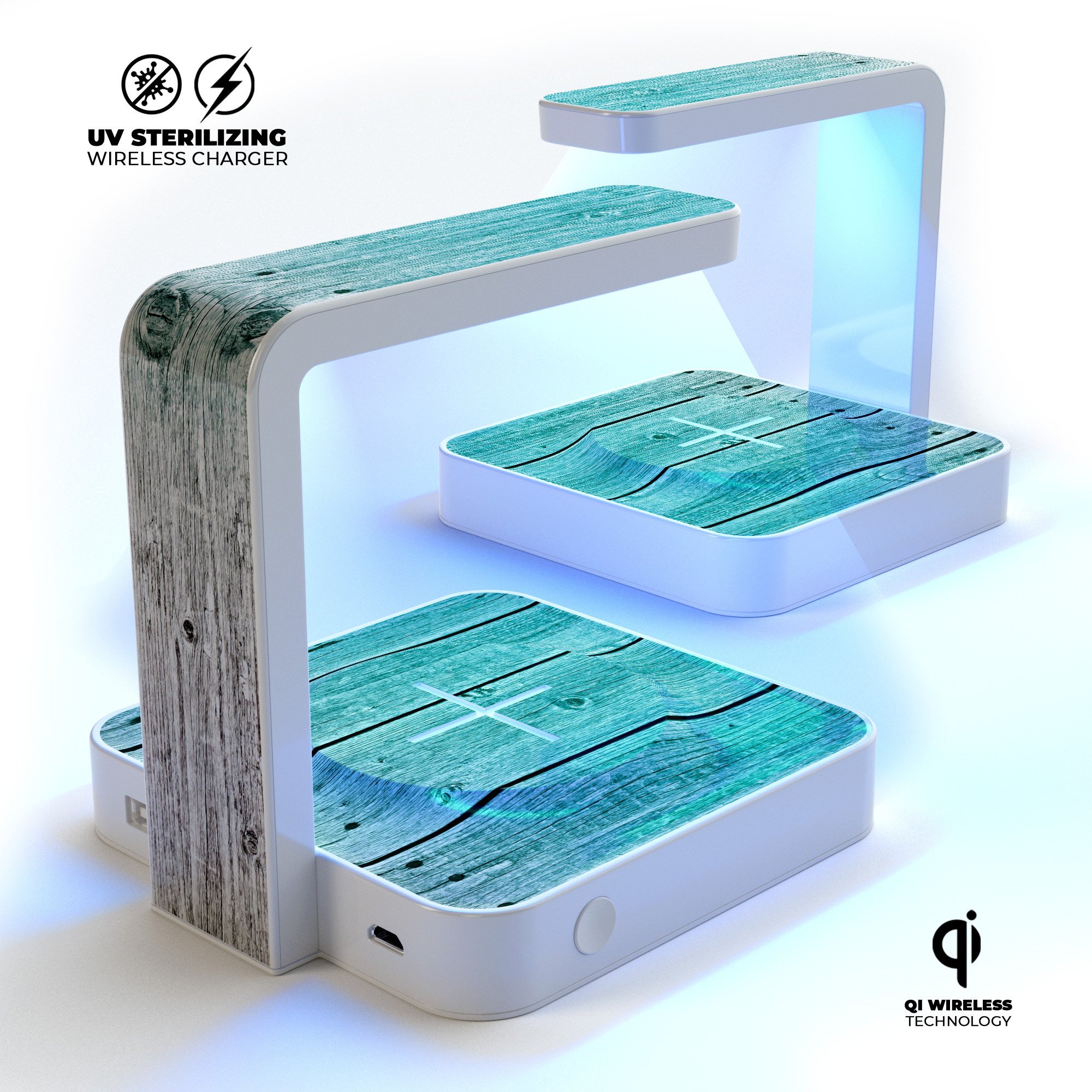 Trendy teal to white aged wood planks UV germicidal sanitizing wireless charger with phone on top, showcasing its stylish design and functionality.