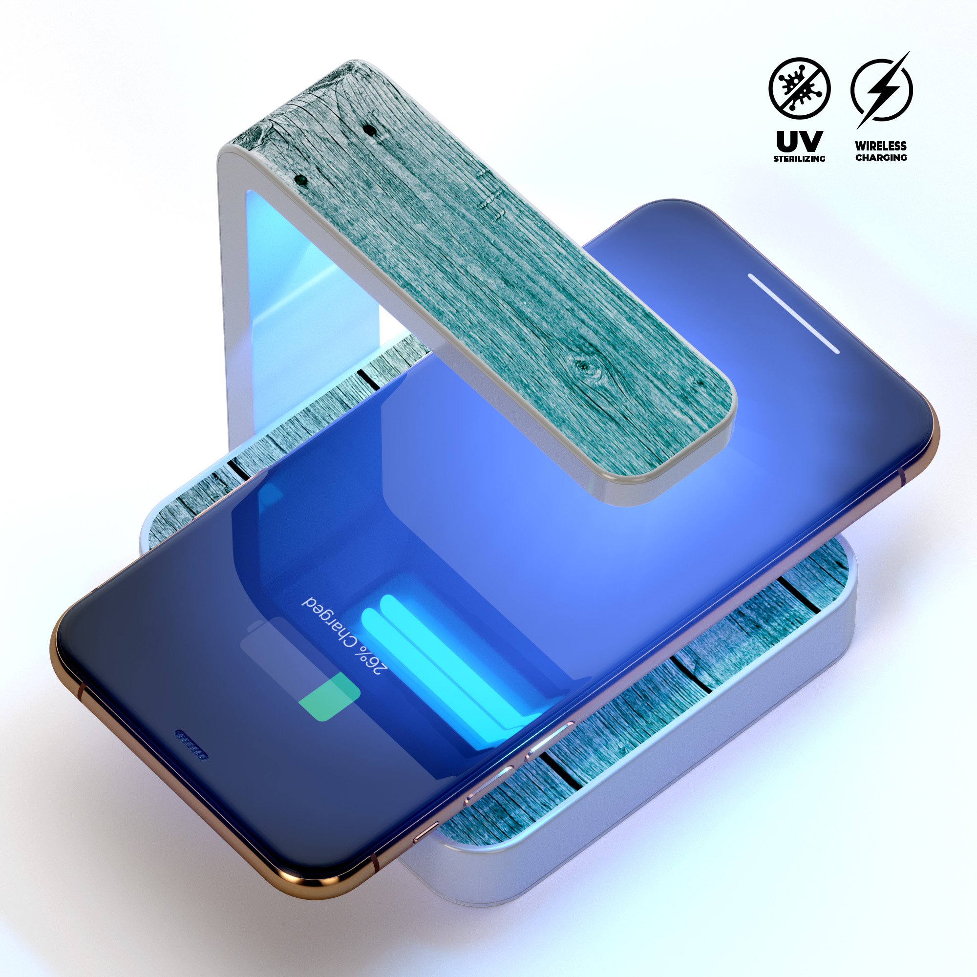 Trendy teal to white aged wood planks UV germicidal sanitizing wireless charger with phone on top, showcasing its stylish design and functionality.