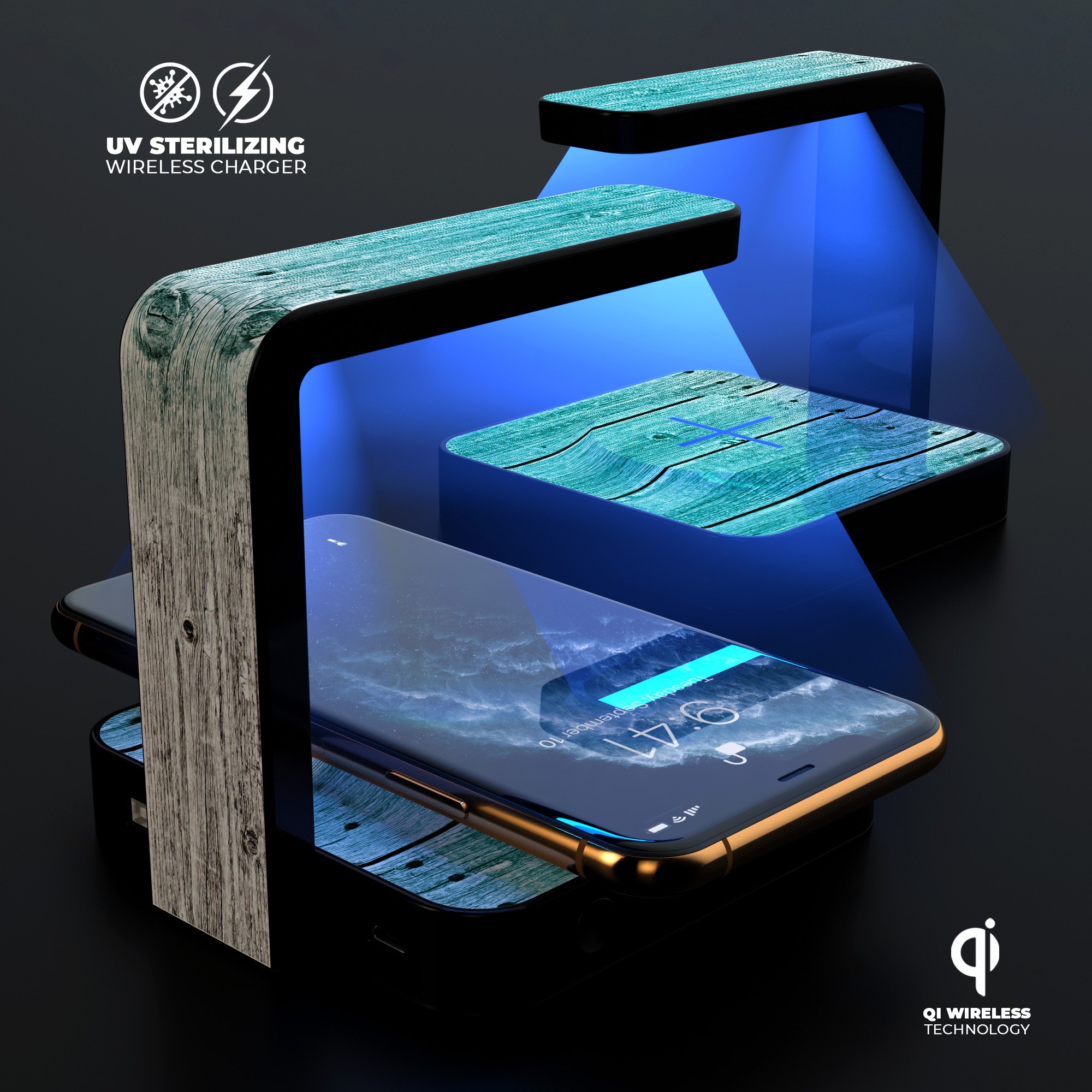 Trendy teal to white aged wood planks UV germicidal sanitizing wireless charger with phone on top, showcasing its stylish design and functionality.