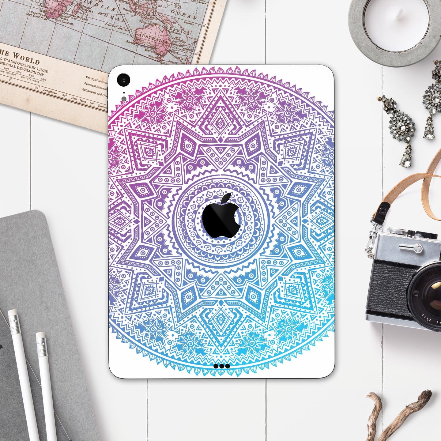 Tribal Ethnic Mandala v5 full body skin decal for Apple iPad Pro, showcasing intricate tribal design and premium 3M material.