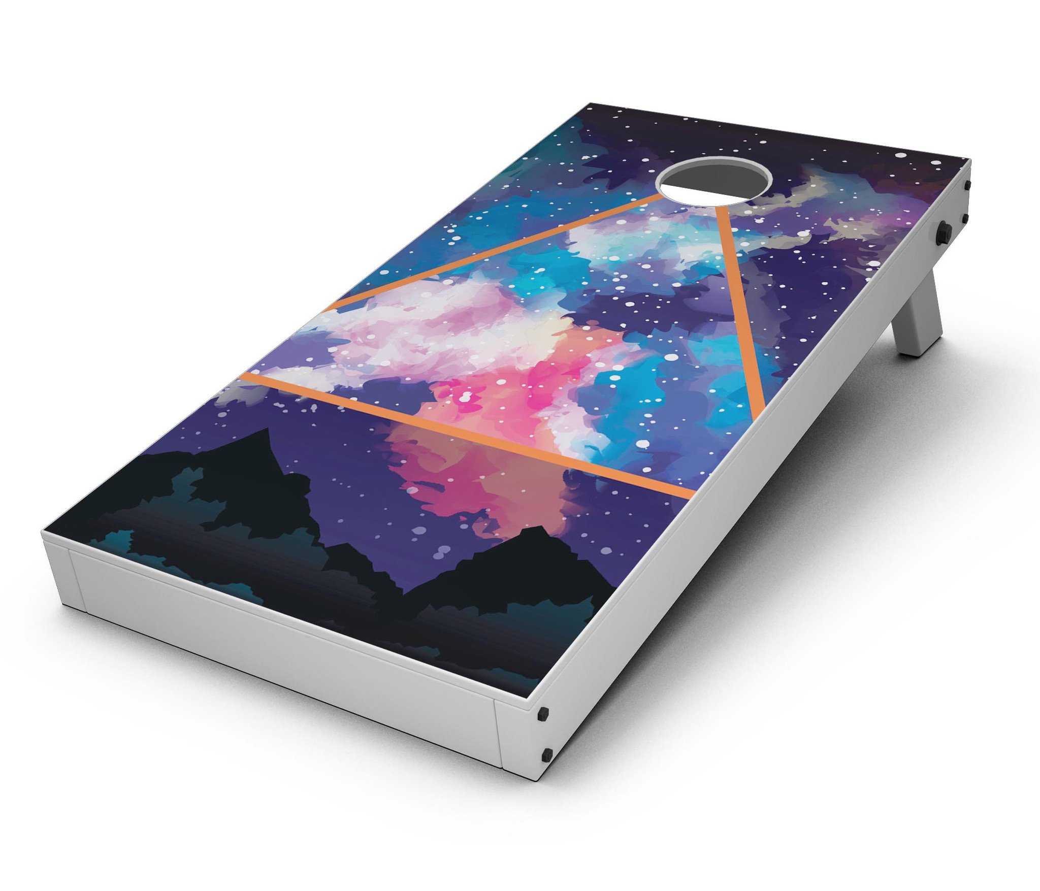 Trilateral Eternal Space CornHole Board Skin Decal Kit showcasing vibrant design and premium vinyl material for easy application.
