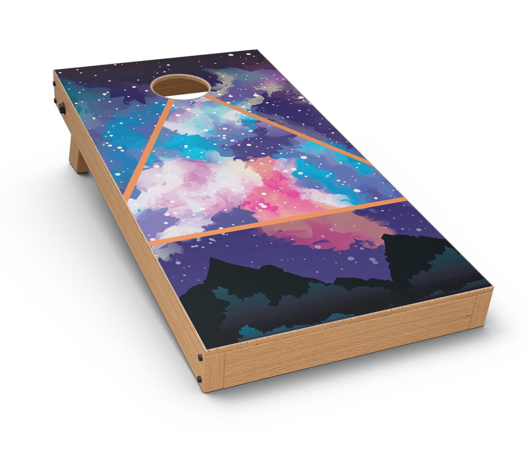 Trilateral Eternal Space CornHole Board Skin Decal Kit showcasing vibrant design and premium vinyl material for easy application.