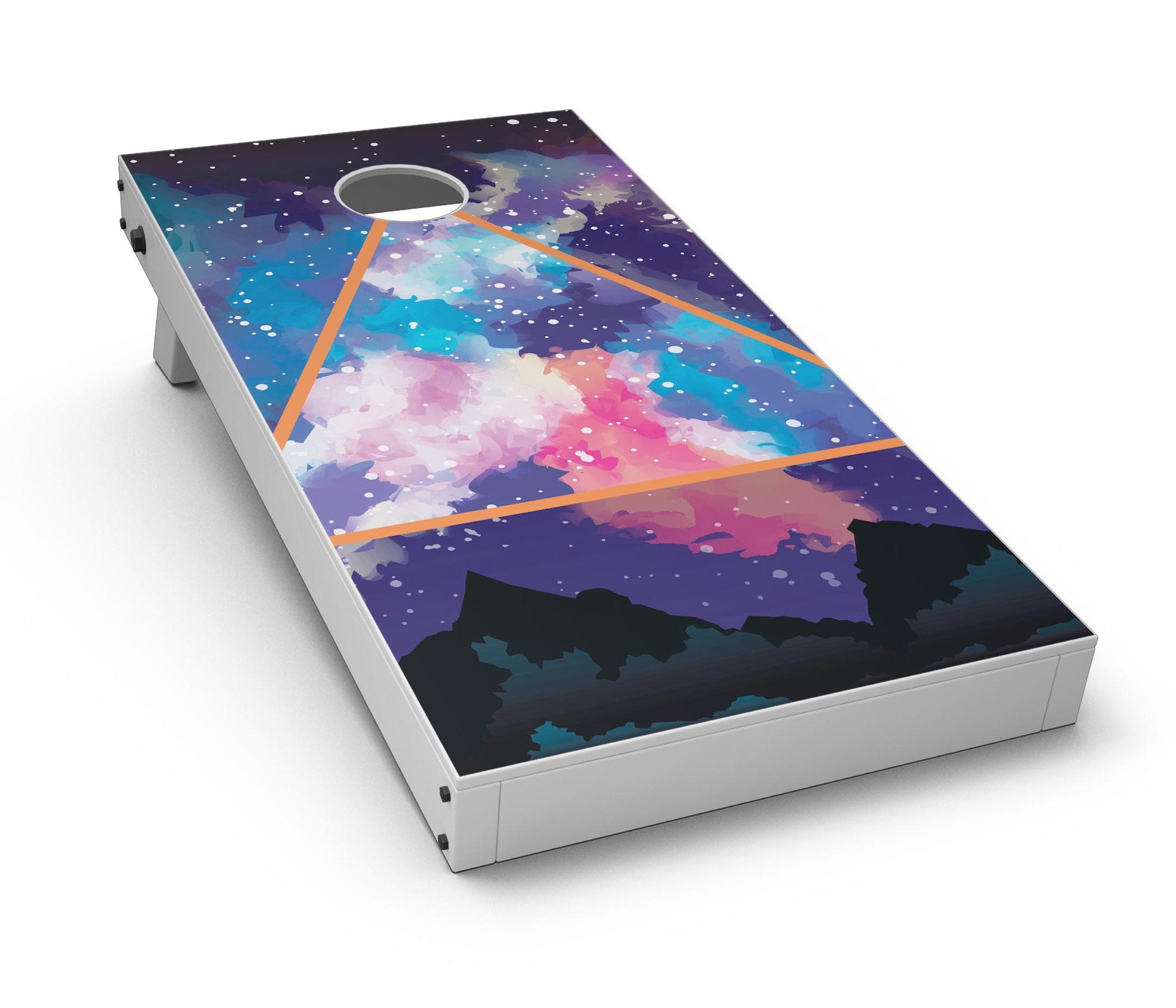 Trilateral Eternal Space CornHole Board Skin Decal Kit showcasing vibrant design and premium vinyl material for easy application.