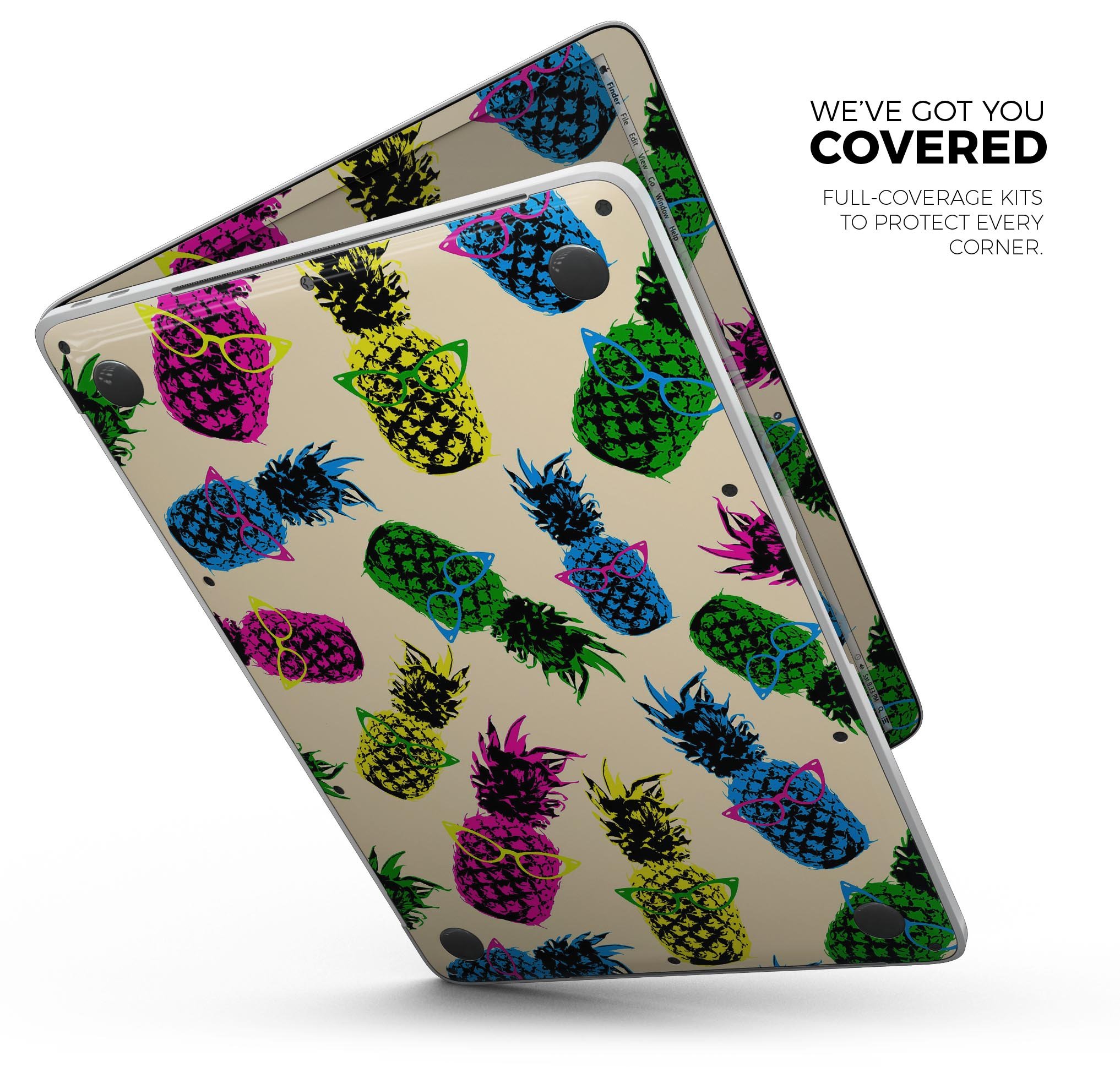Tropical Cool Retro Pineapples skin decal wrap kit for MacBook, showcasing vibrant pineapple design on a sleek surface.