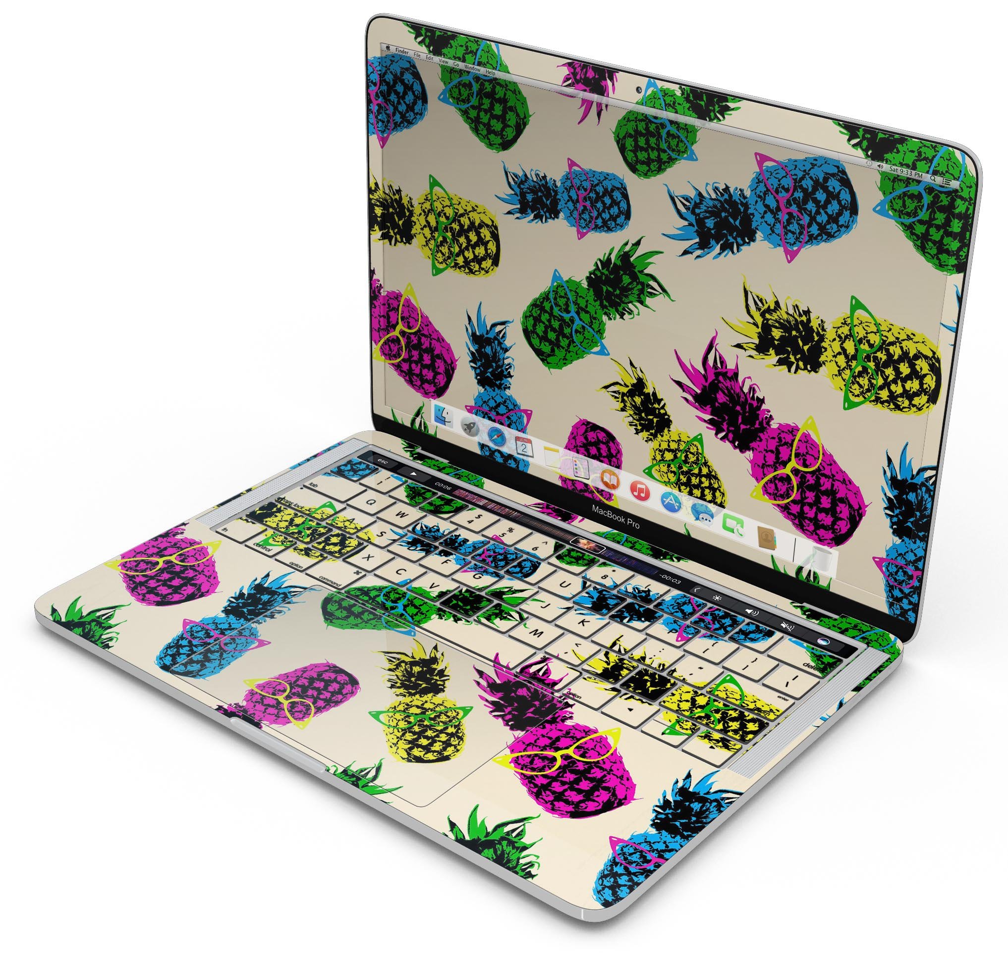 Tropical Cool Retro Pineapples skin decal wrap kit for MacBook, showcasing vibrant pineapple design on a sleek surface.