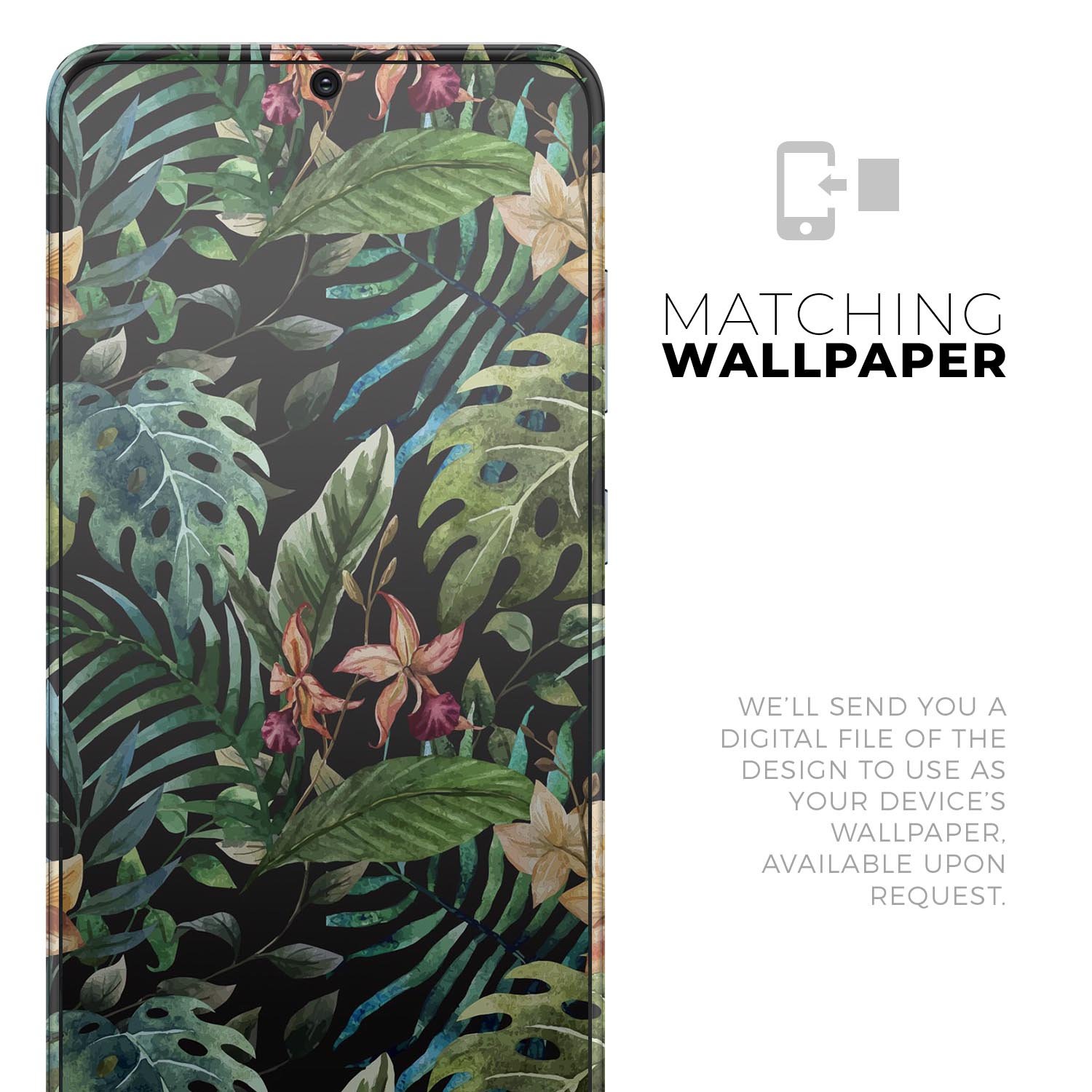 Tropical Forest Skin-Kit for Samsung Galaxy S20, showcasing vibrant tropical design and premium vinyl material.