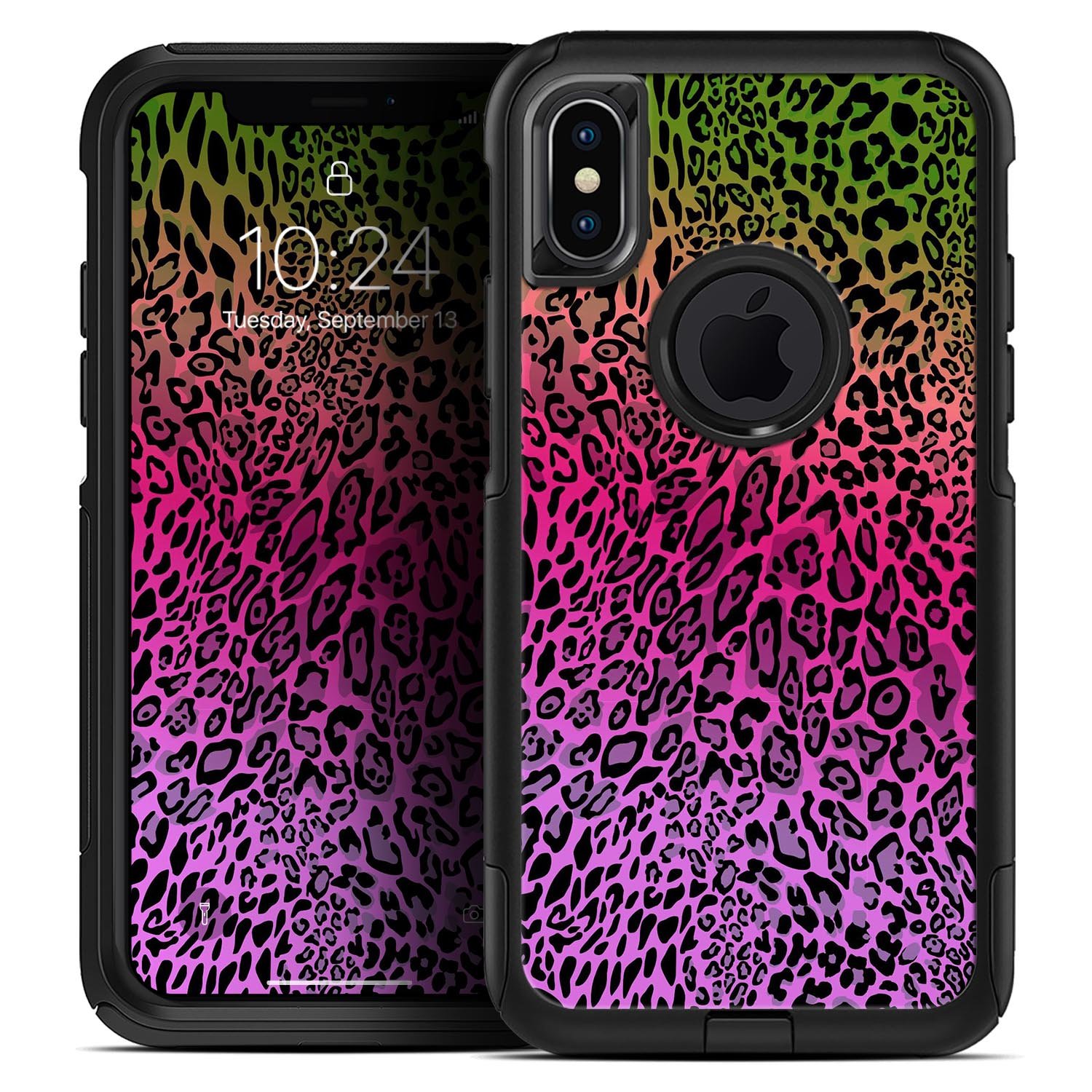 Tropical Neon Animal Print Skin Kit for iPhone OtterBox cases, showcasing vibrant colors and patterns.