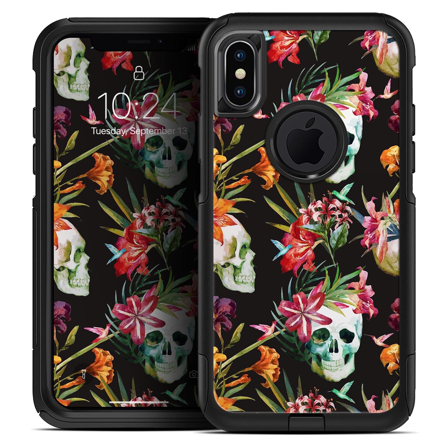 Tropical Skull Floral Skin Kit for iPhone OtterBox Cases featuring vibrant floral design and premium 3M materials.