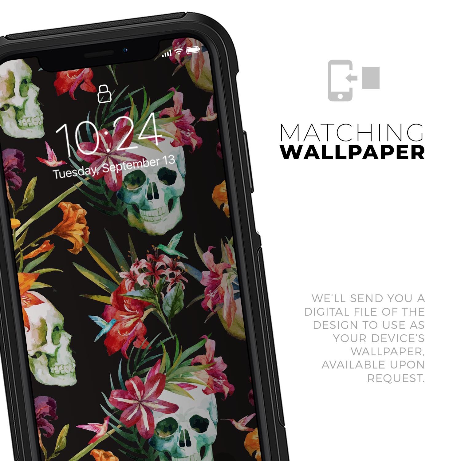 Tropical Skull Floral Skin Kit for iPhone OtterBox Cases featuring vibrant floral design and premium 3M materials.