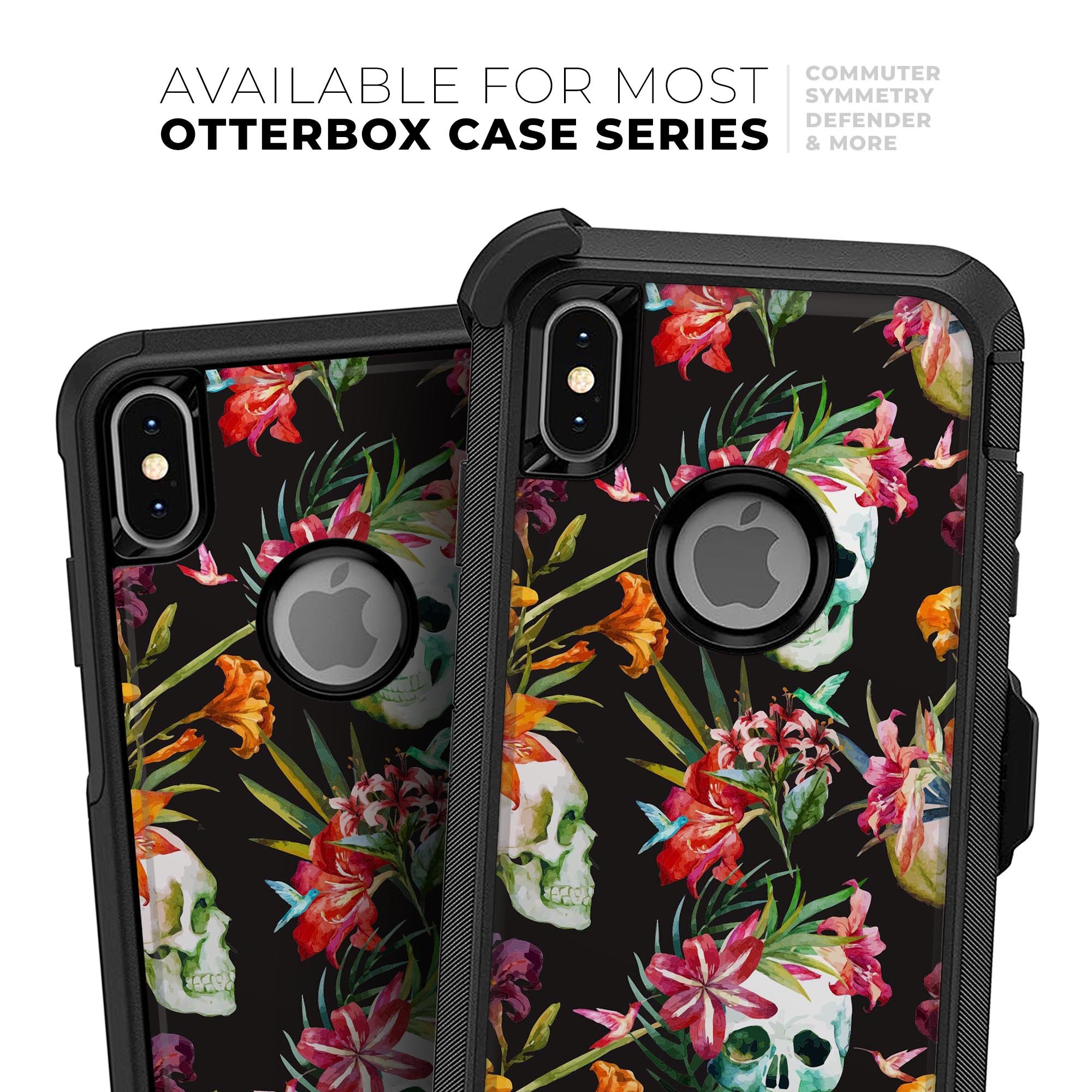 Tropical Skull Floral Skin Kit for iPhone OtterBox Cases featuring vibrant floral design and premium 3M materials.