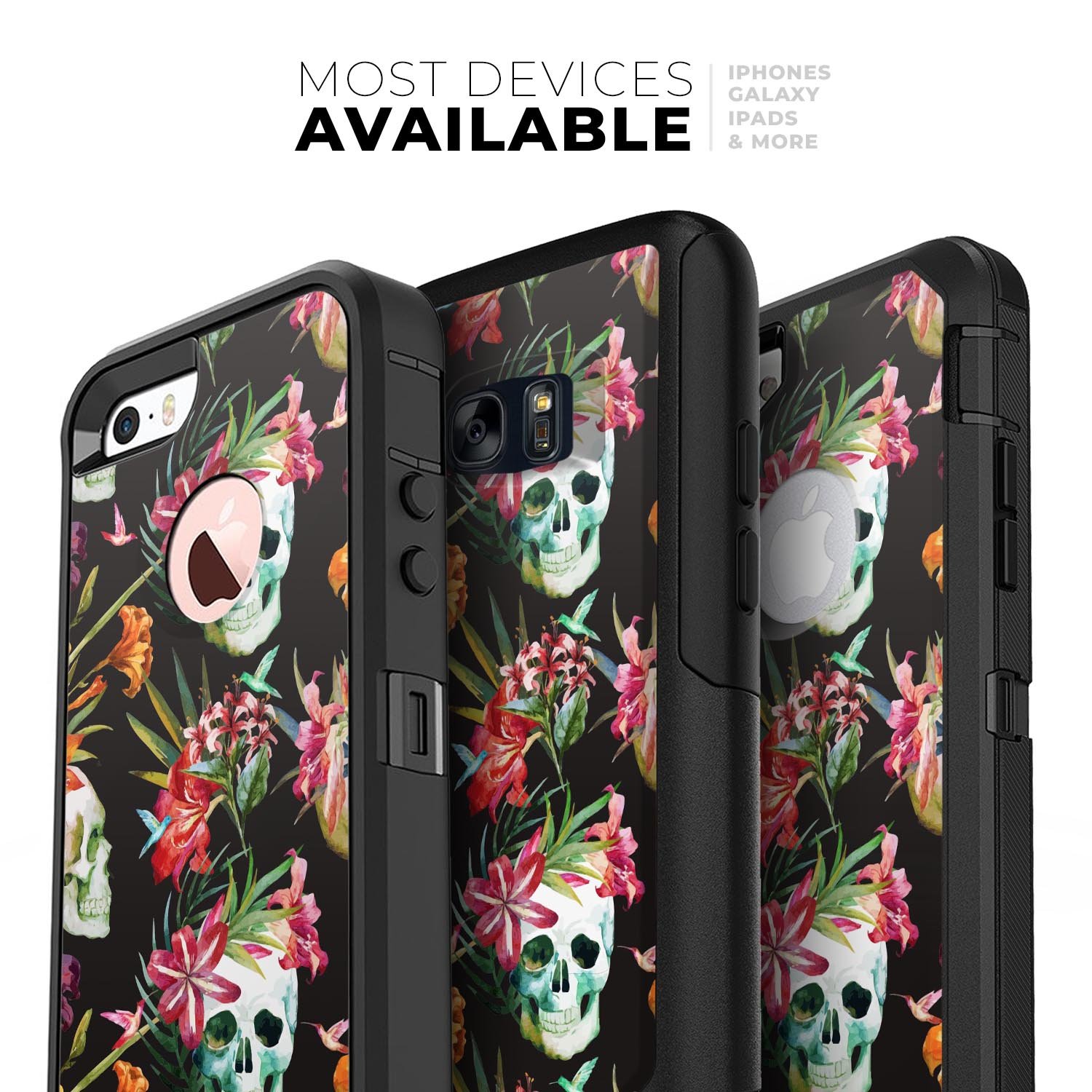 Tropical Skull Floral Skin Kit for iPhone OtterBox Cases featuring vibrant floral design and premium 3M materials.