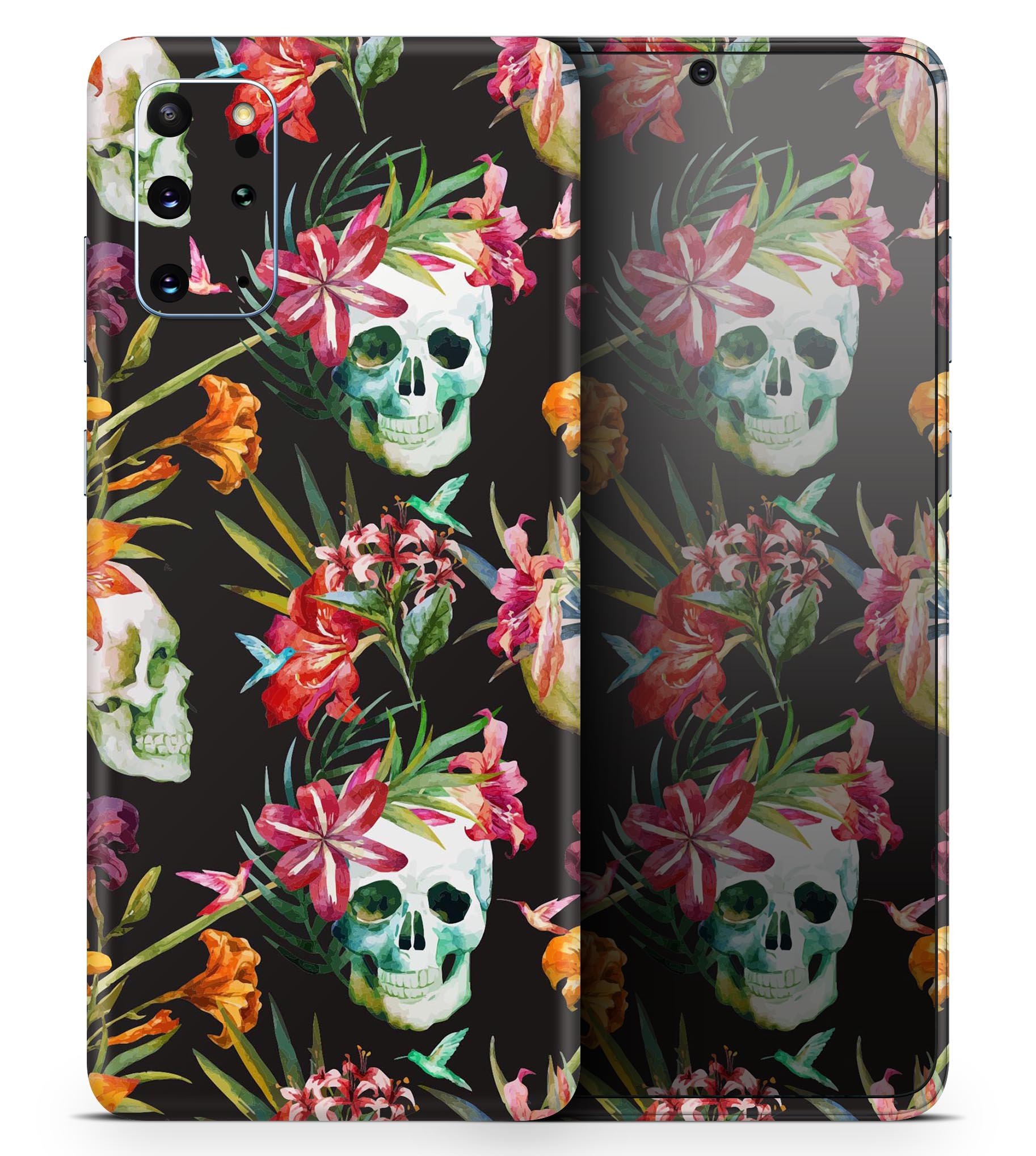 Tropical Skull Floral Skin-Kit for Samsung Galaxy S20, showcasing vibrant colors and intricate floral skull design.