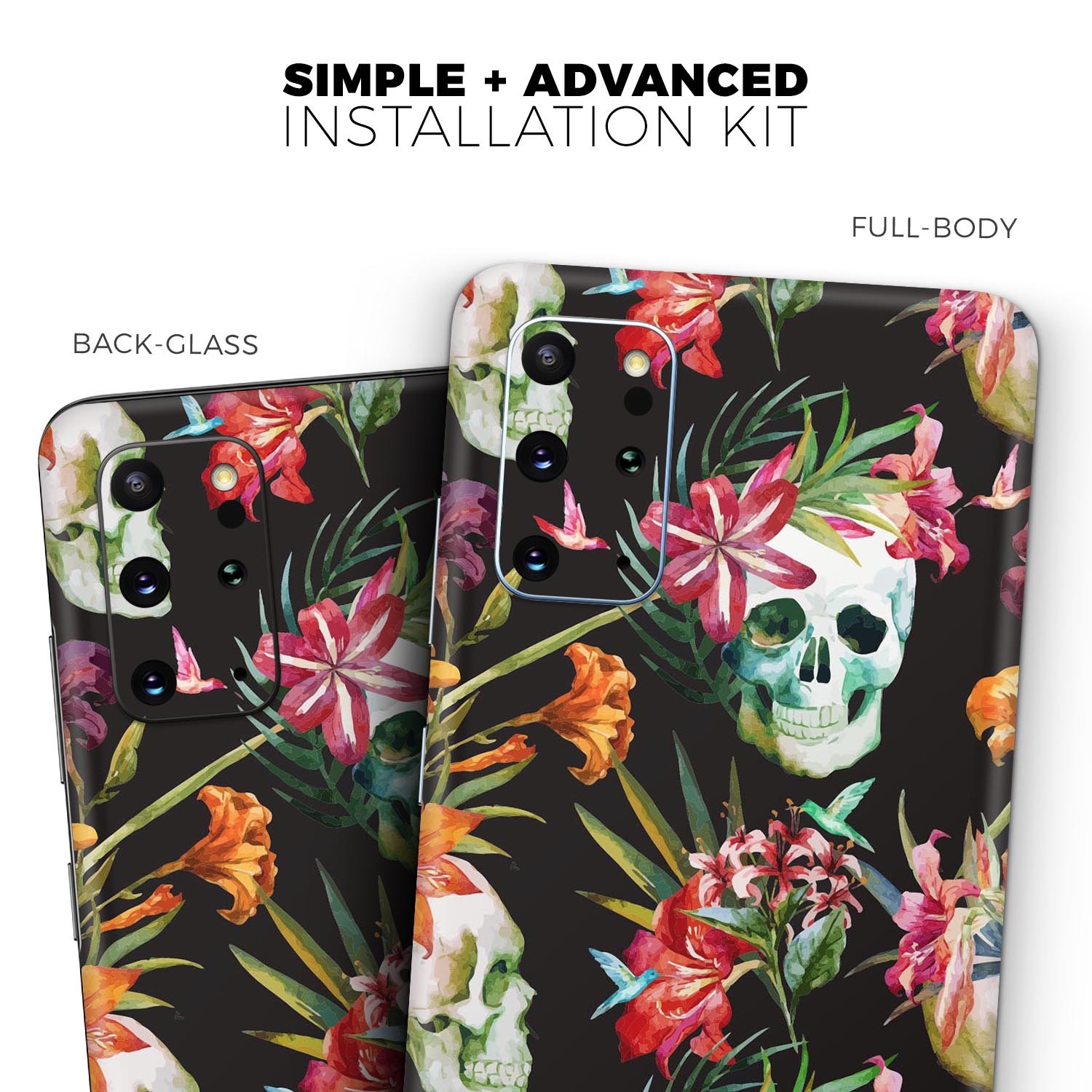 Tropical Skull Floral Skin-Kit for Samsung Galaxy S20, showcasing vibrant colors and intricate floral skull design.
