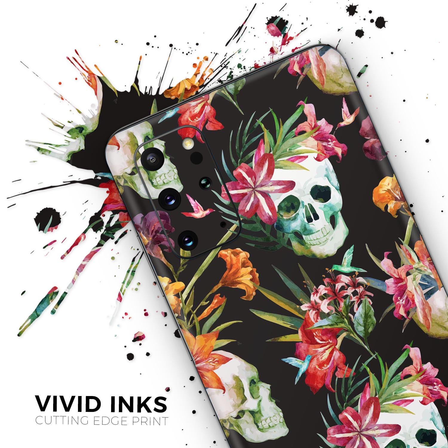 Tropical Skull Floral Skin-Kit for Samsung Galaxy S20, showcasing vibrant colors and intricate floral skull design.