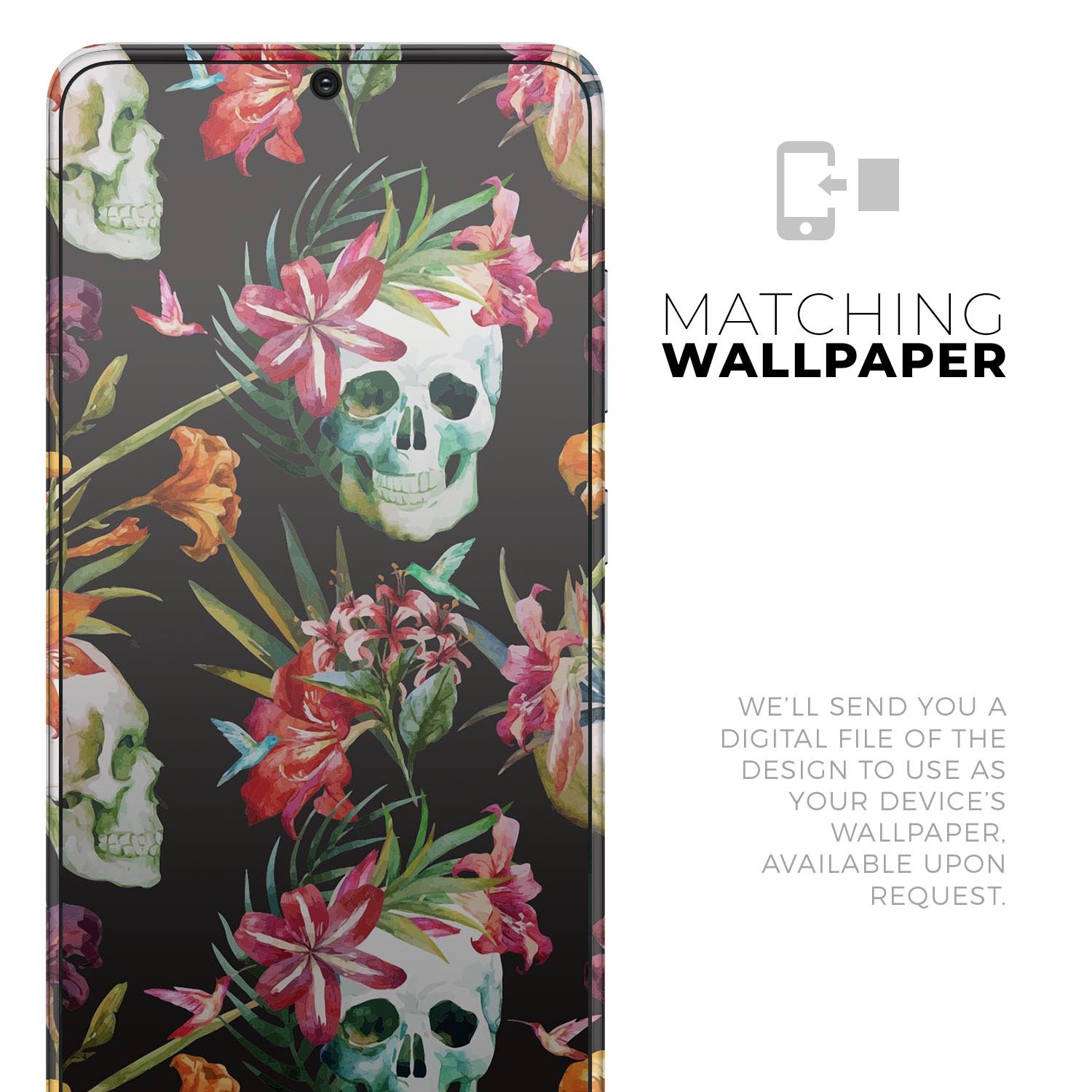 Tropical Skull Floral Skin-Kit for Samsung Galaxy S20, showcasing vibrant colors and intricate floral skull design.