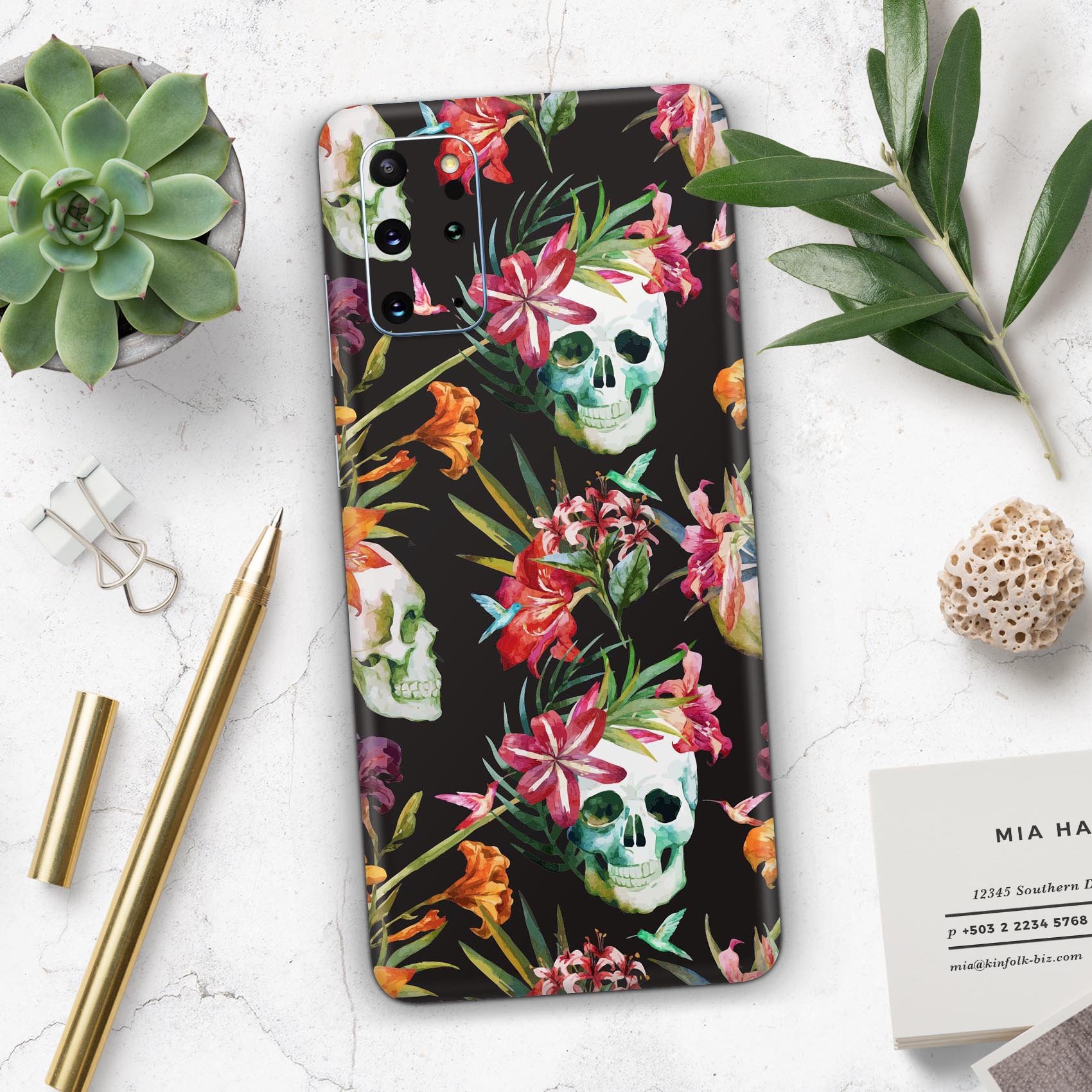 Tropical Skull Floral Skin-Kit for Samsung Galaxy S20, showcasing vibrant colors and intricate floral skull design.