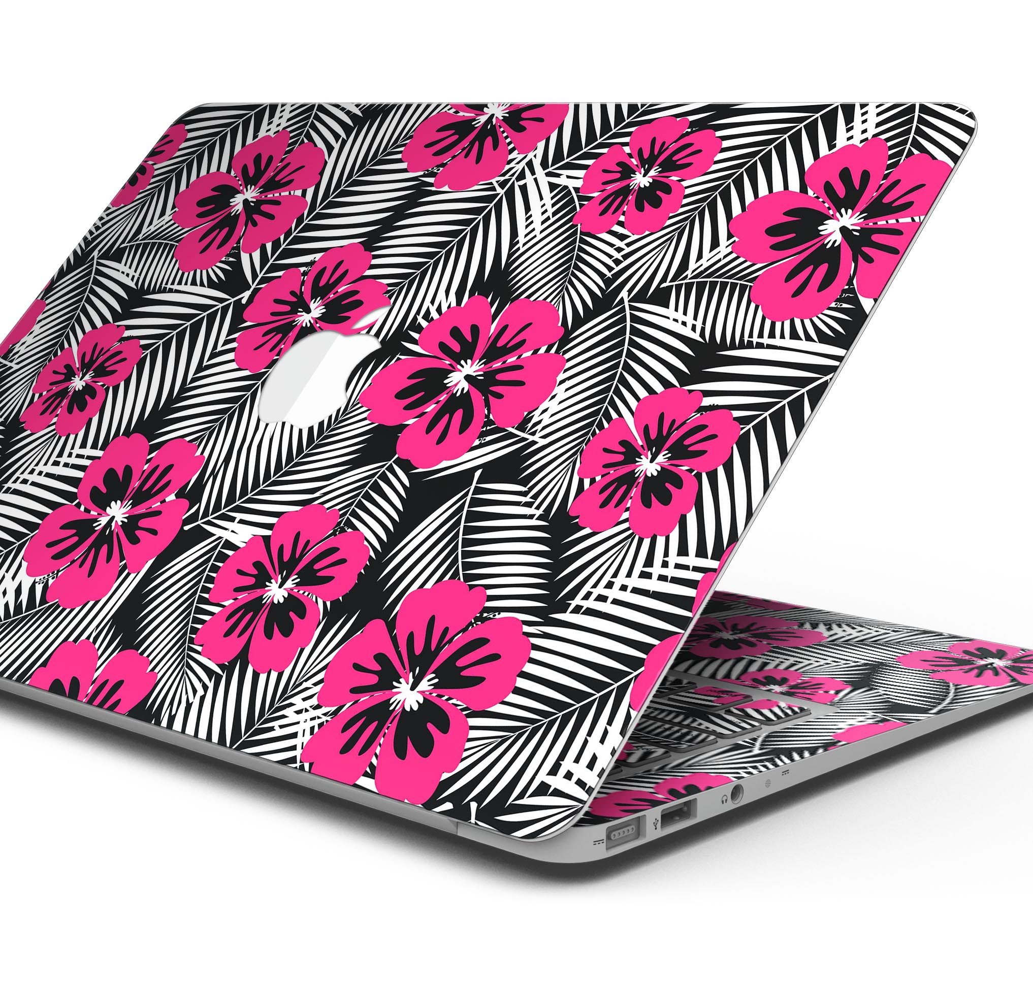 Tropical Summer Hot Pink Floral Skin Decal Wrap Kit for MacBook, showcasing vibrant floral design and premium vinyl material.