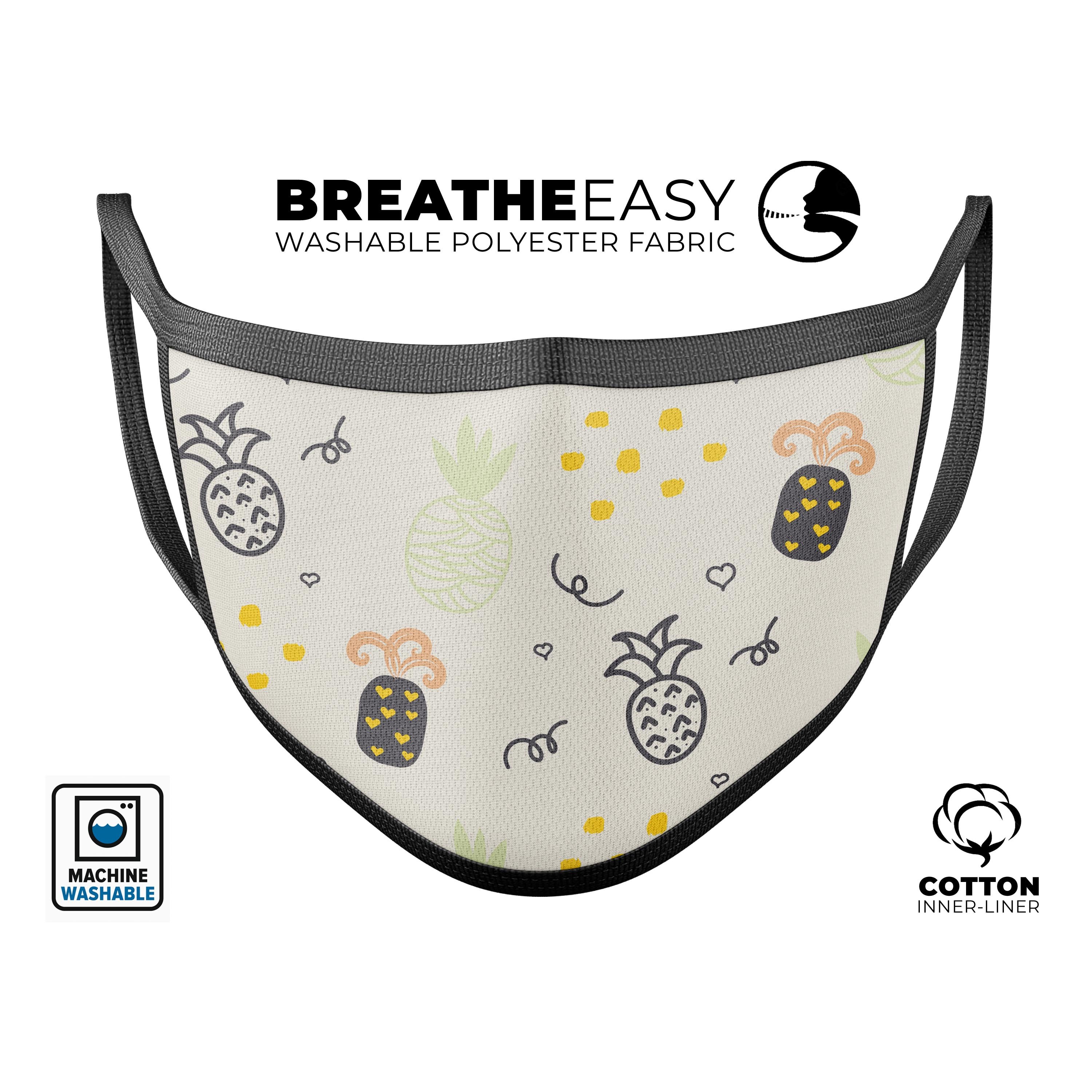 Tropical Summer Love v7 mouth cover, featuring a vibrant design, adjustable ear loops, and made from soft cotton and polyester blend.