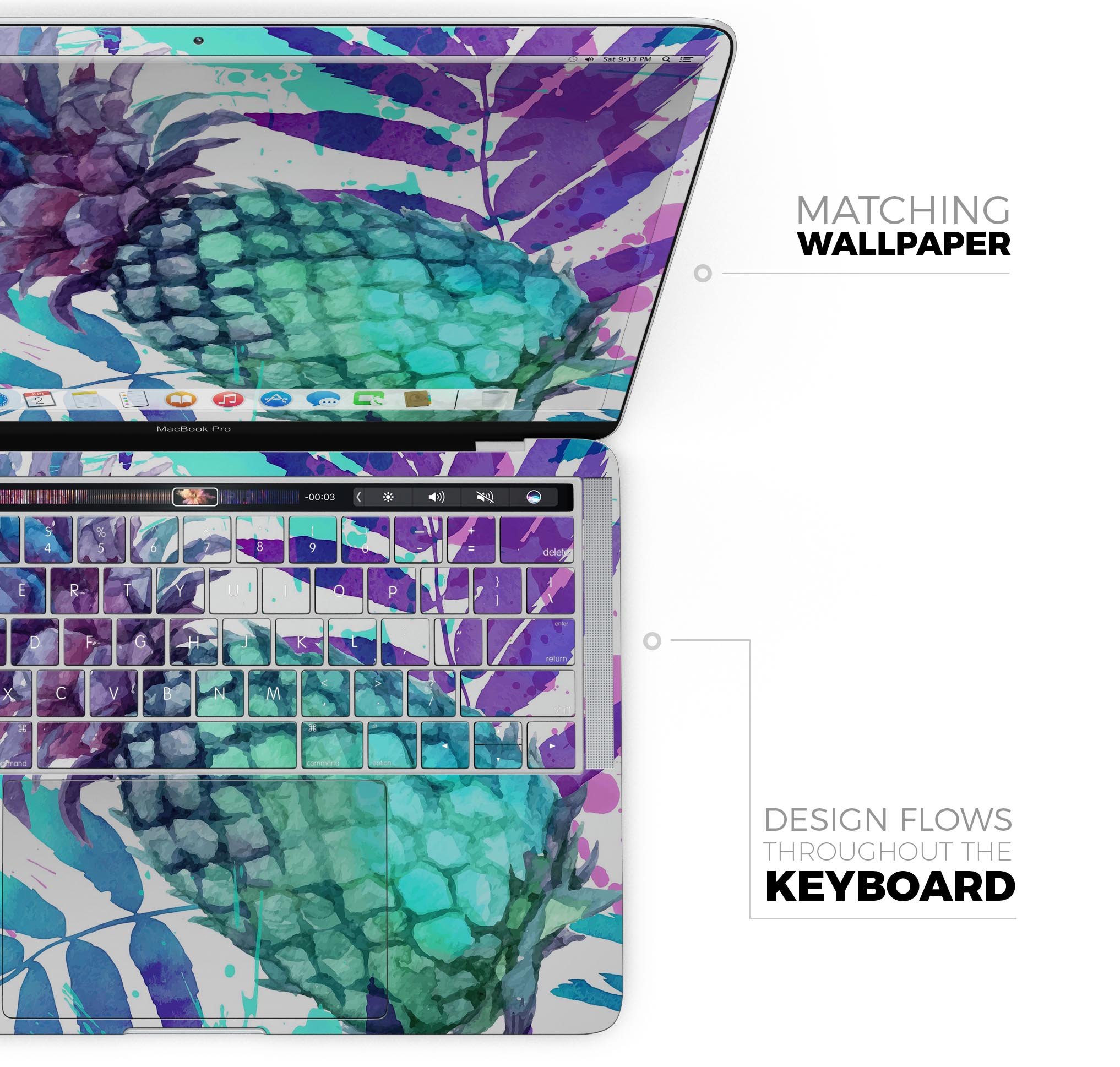 Tropical Summer Pineapple Skin Decal Wrap Kit for MacBook, showcasing vibrant tropical design and premium vinyl material.
