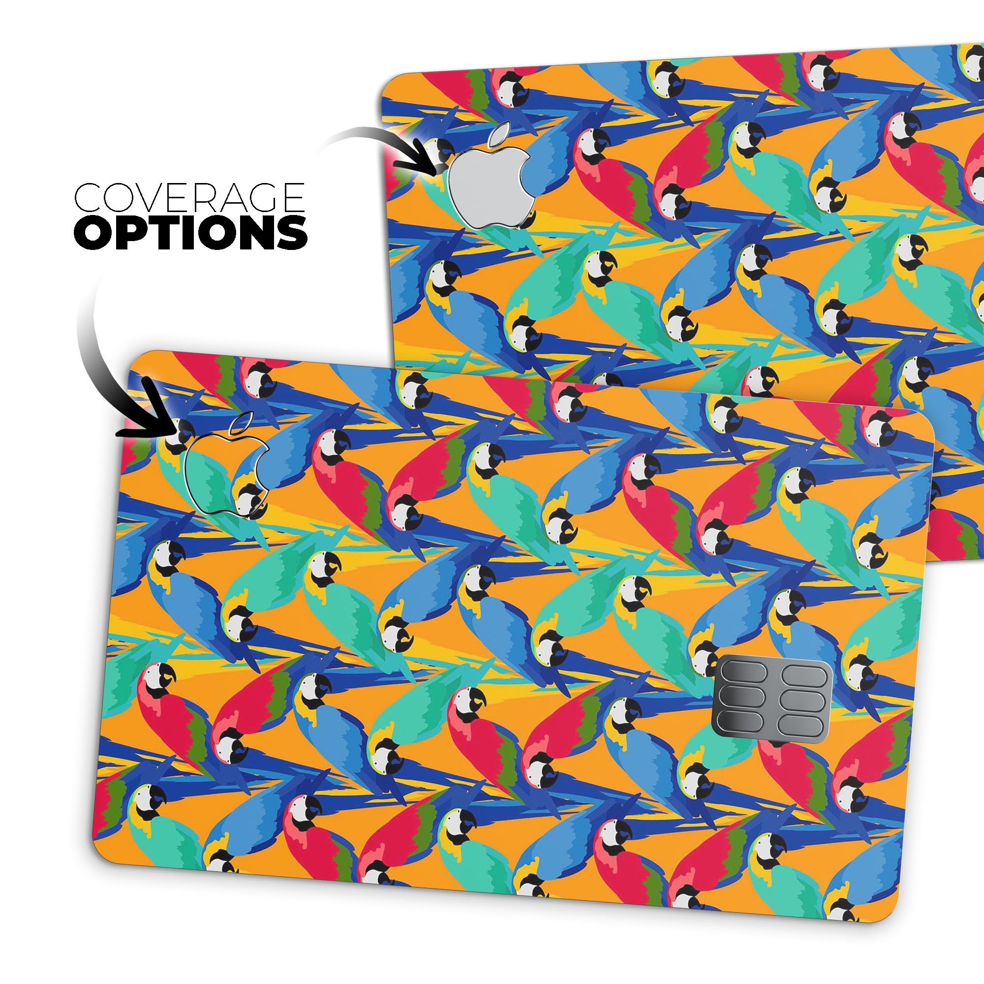 Tropical Twist Parrots v2 decal skin for Apple Card, showcasing vibrant colors and premium vinyl material.