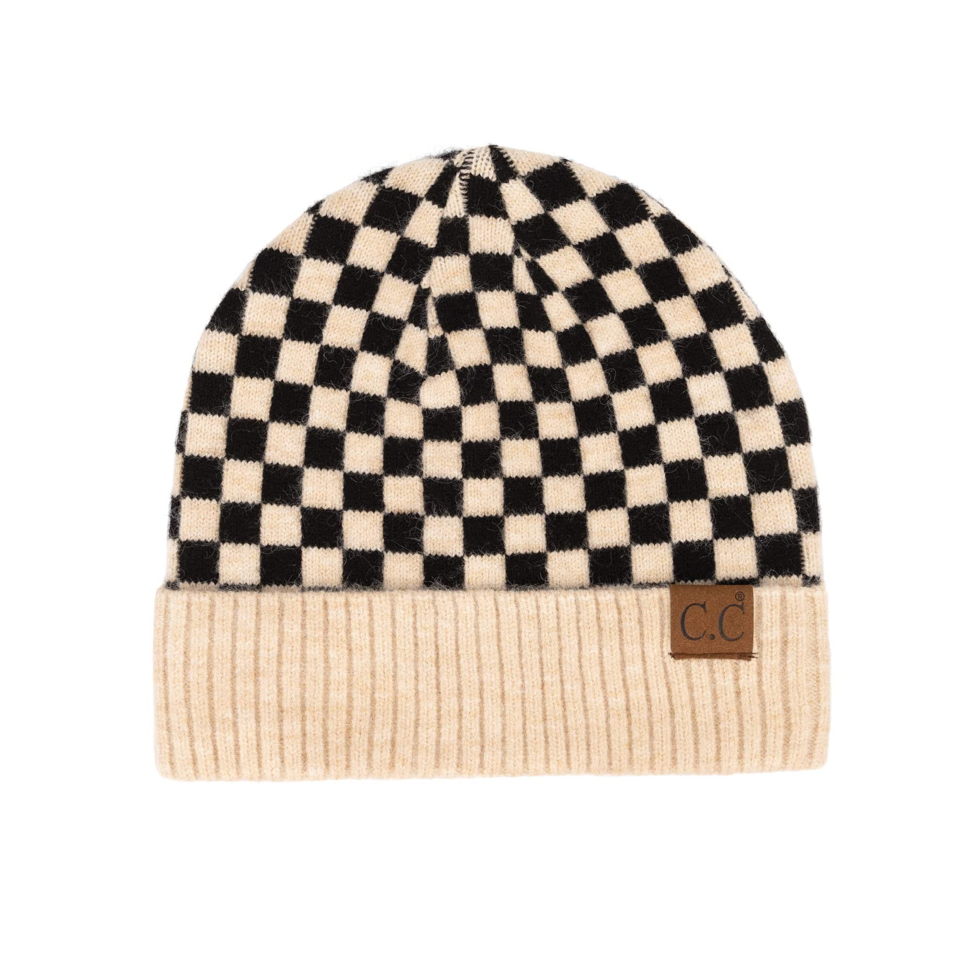 Truly Contagious CC Beanie in check pattern, showcasing premium wool and stylish design, perfect for winter wear.