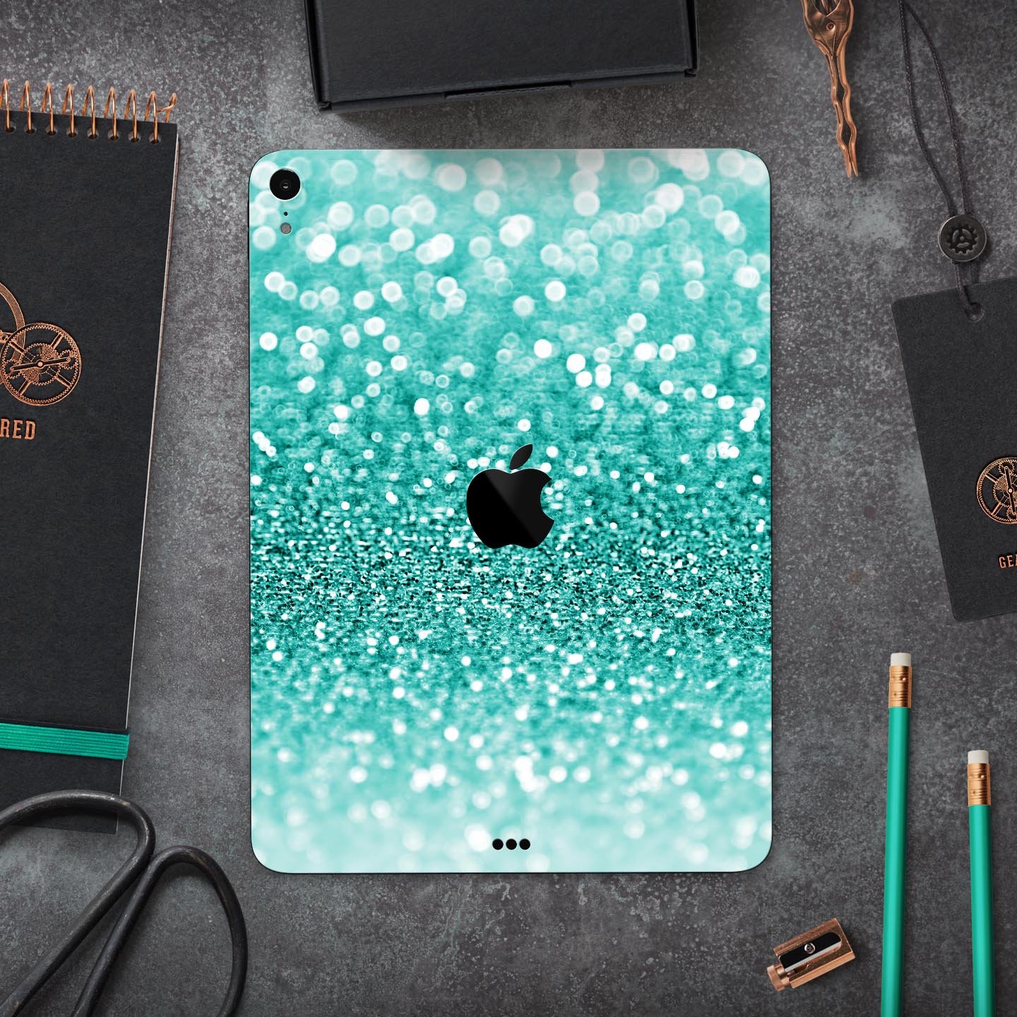 Turquoise Unfocused Glimmer full body skin decal for Apple iPad, showcasing vibrant color and sleek design.