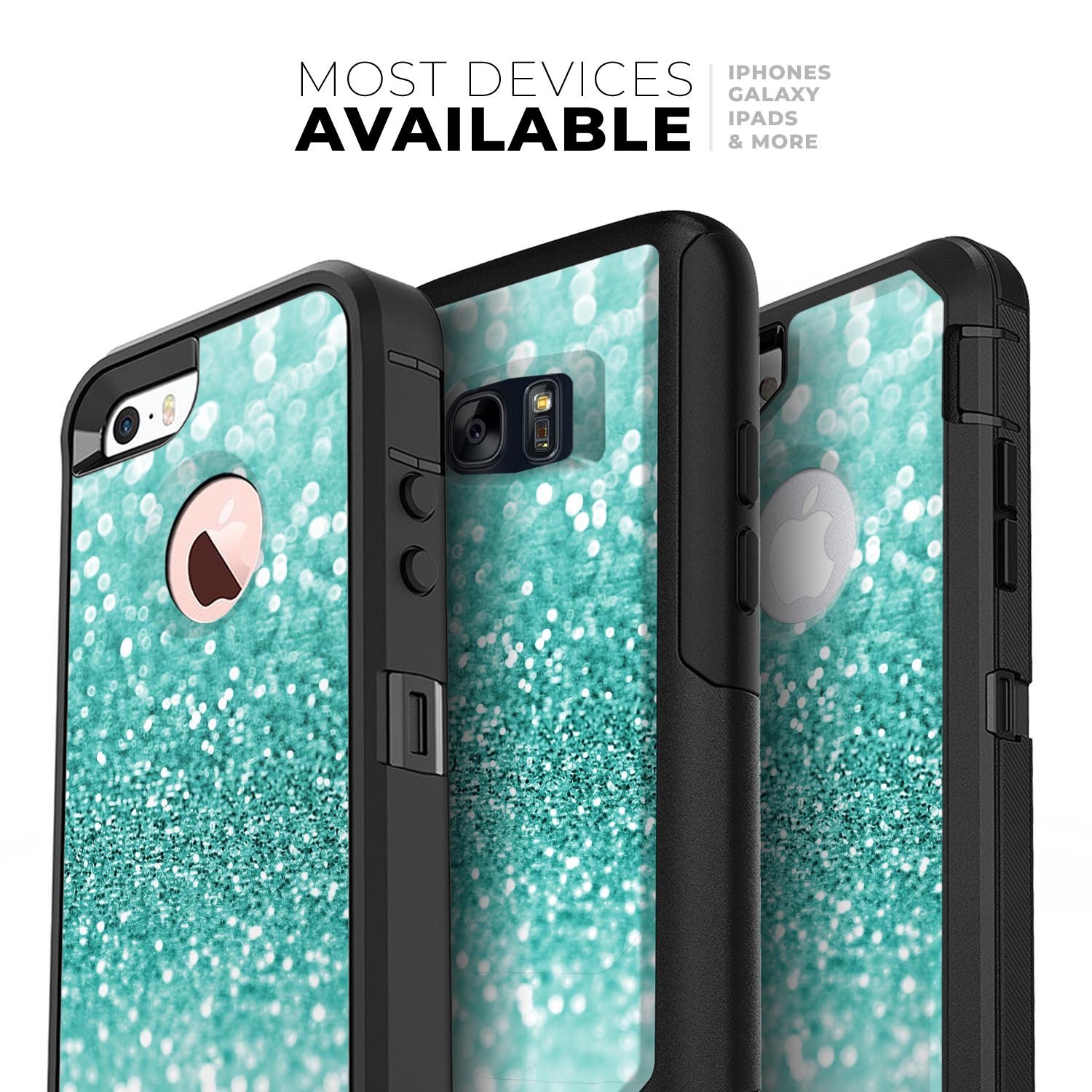 Turquoise Unfocused Glimmer Skin Kit for iPhone OtterBox cases, showcasing a vibrant turquoise design with a glimmering finish.