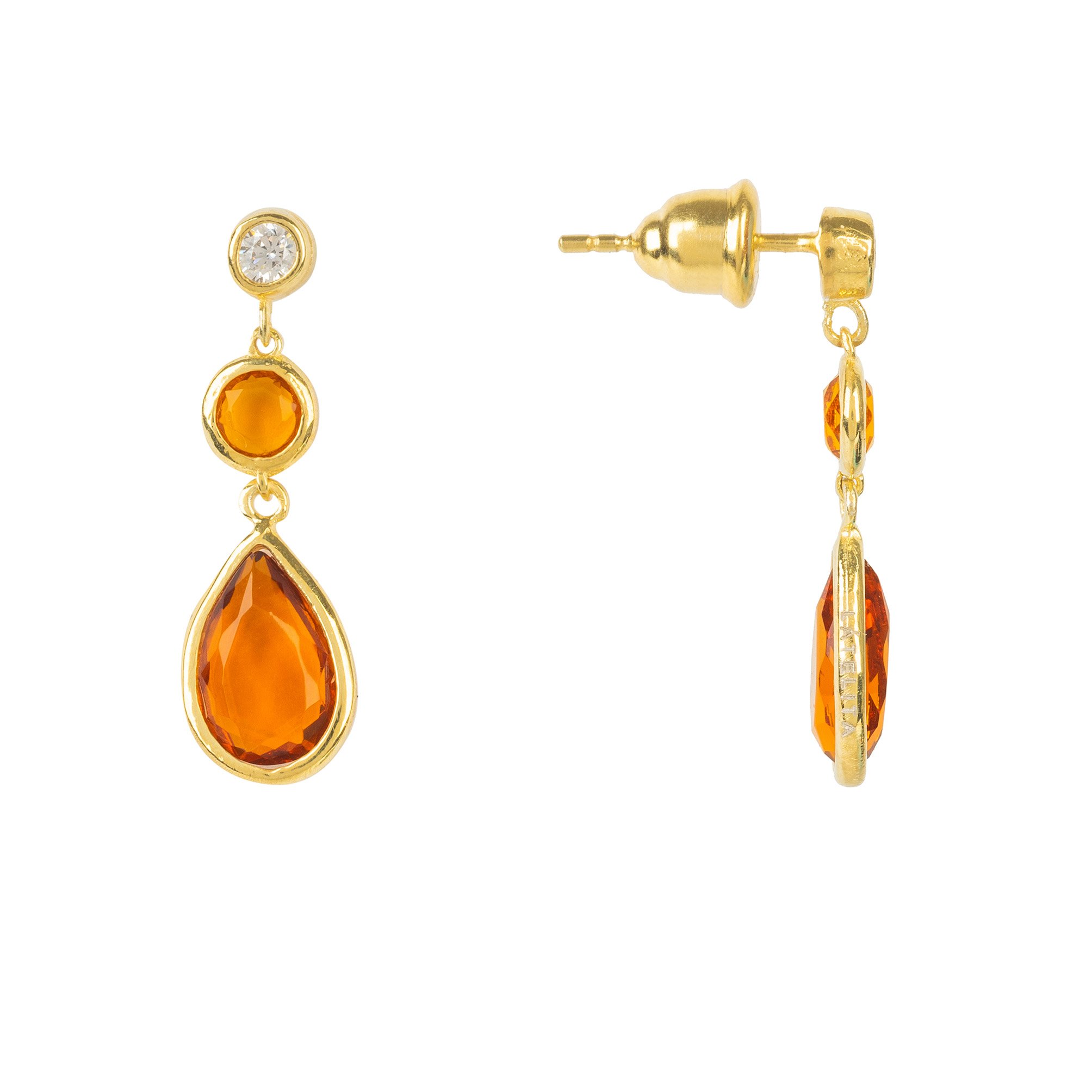 Tuscany Gemstone Drop Earring in Gold Citrine featuring teardrop gemstones and cubic zirconia, elegantly designed for delicate styling.