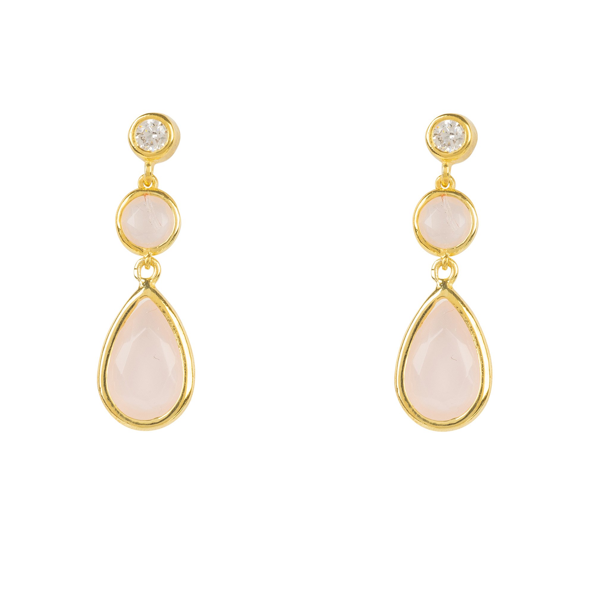 Tuscany Gemstone Drop Earring in Gold featuring Rose Quartz and cubic zirconia, showcasing elegant teardrop design.